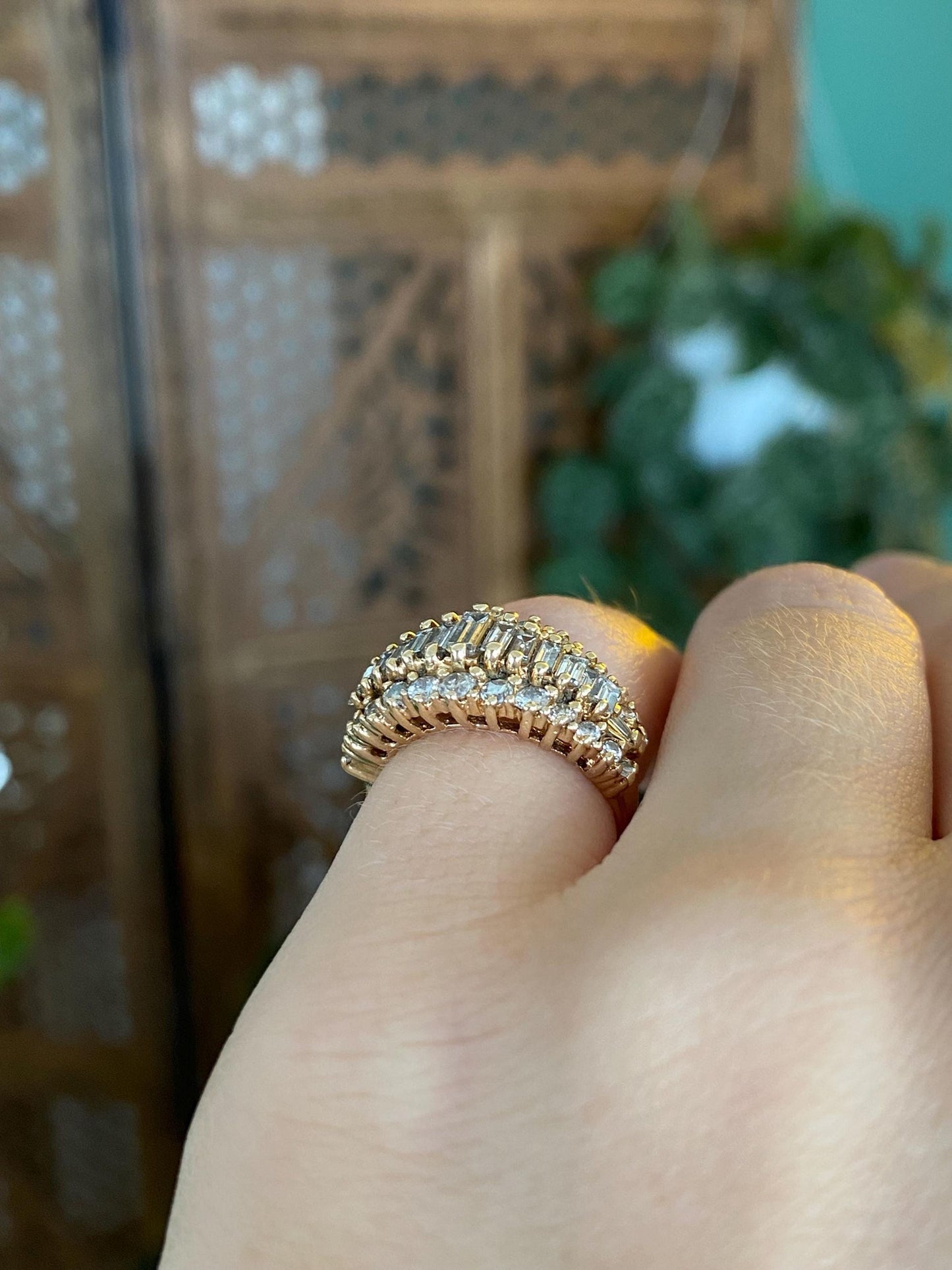 Vintage Solid 14k Yellow Gold Round & Baguette Diamond Rows Ring - Size 4.25