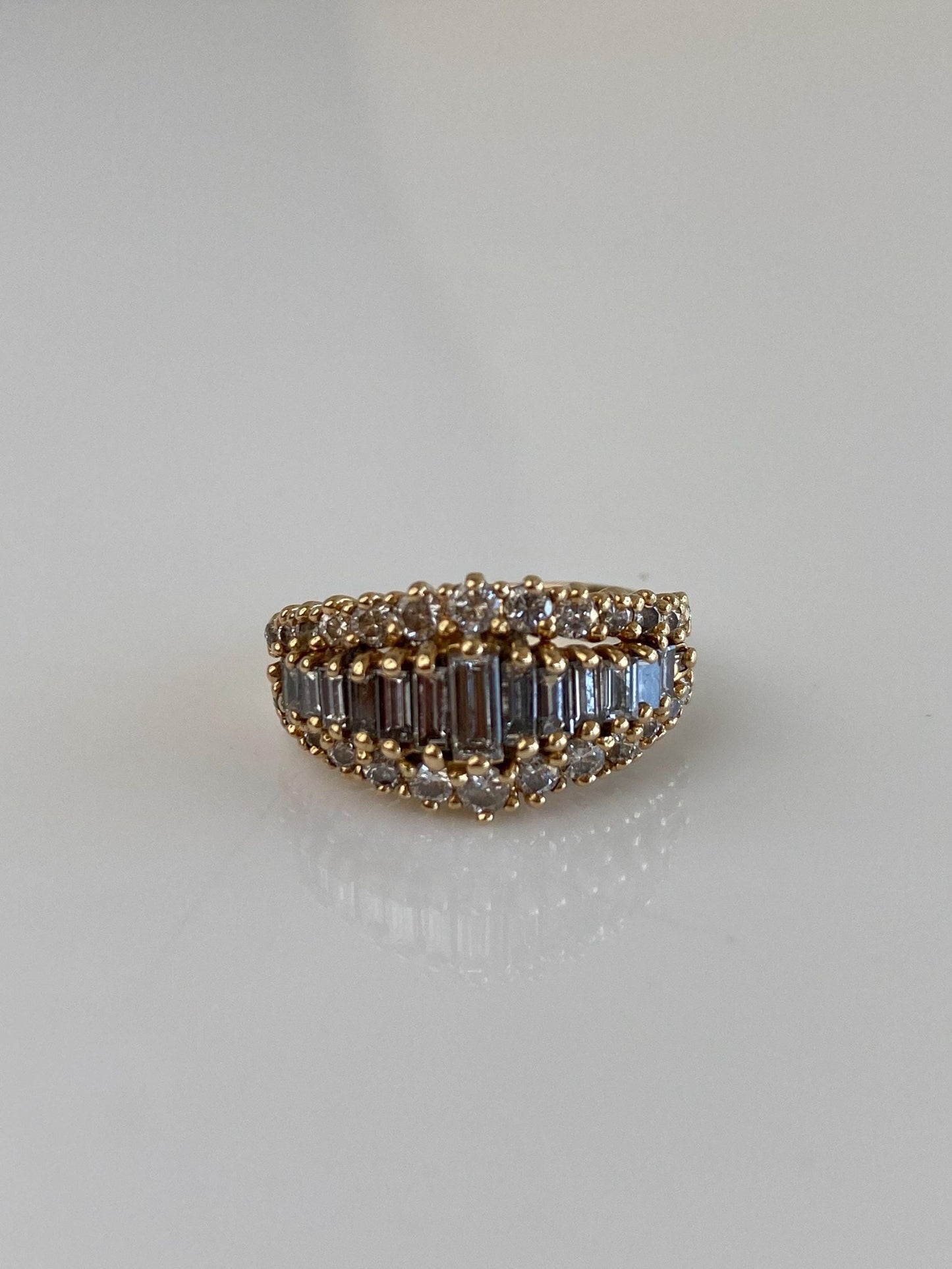 Vintage Solid 14k Yellow Gold Round & Baguette Diamond Rows Ring - Size 4.25