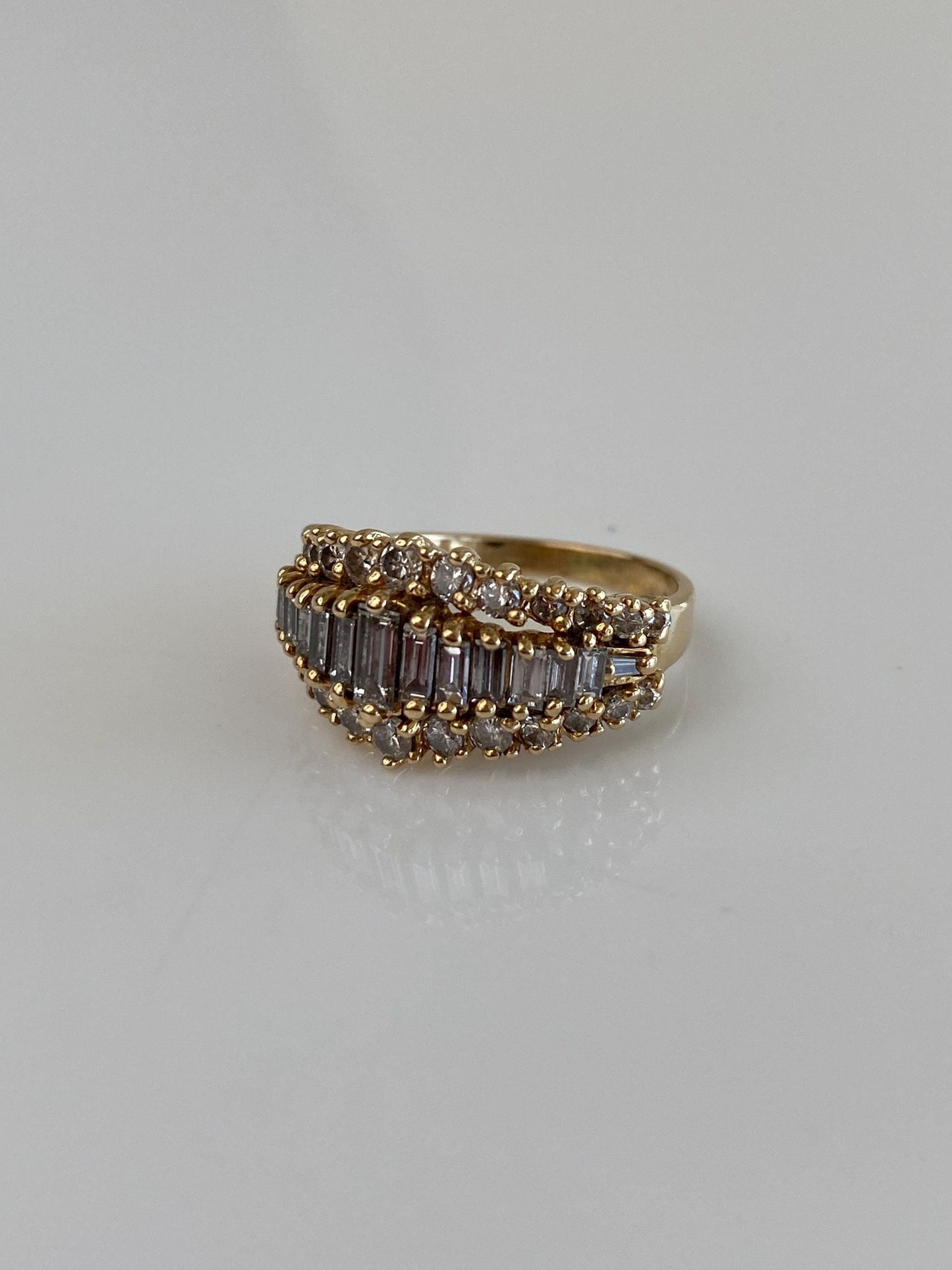 Vintage Solid 14k Yellow Gold Round & Baguette Diamond Rows Ring - Size 4.25