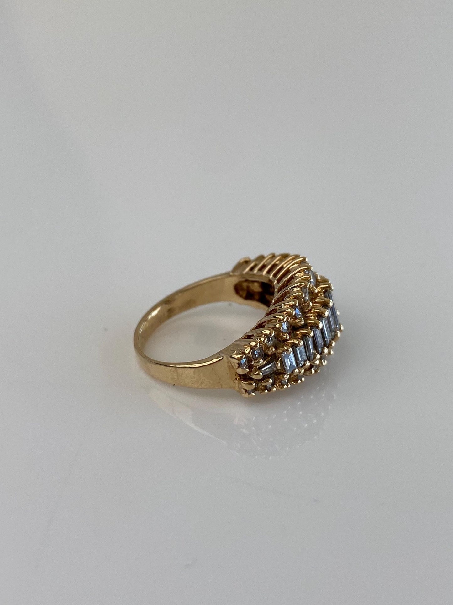 Vintage Solid 14k Yellow Gold Round & Baguette Diamond Rows Ring - Size 4.25