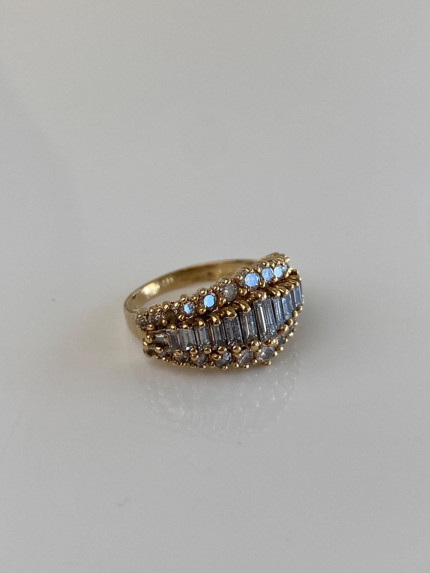 Vintage Solid 14k Yellow Gold Round & Baguette Diamond Rows Ring - Size 4.25