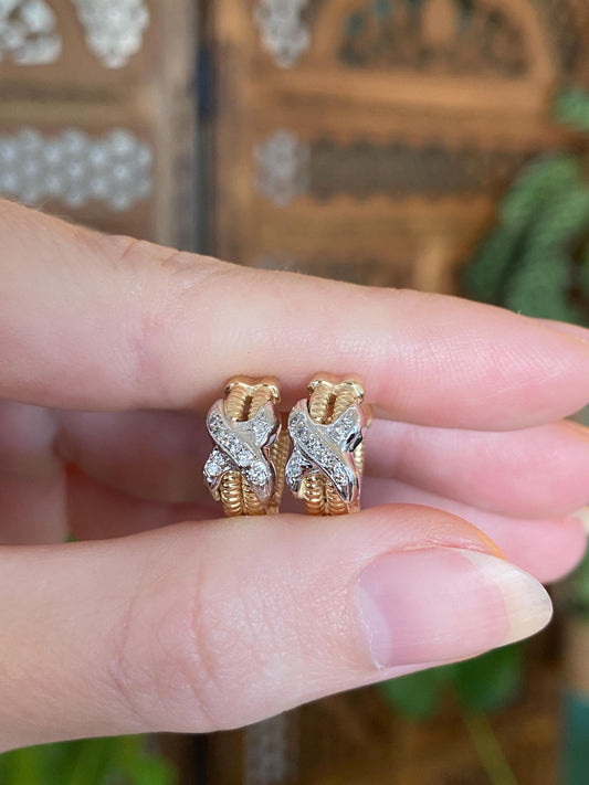 Vintage Solid 14k White & Yellow Gold Diamond X Huggie Hoop Earrings