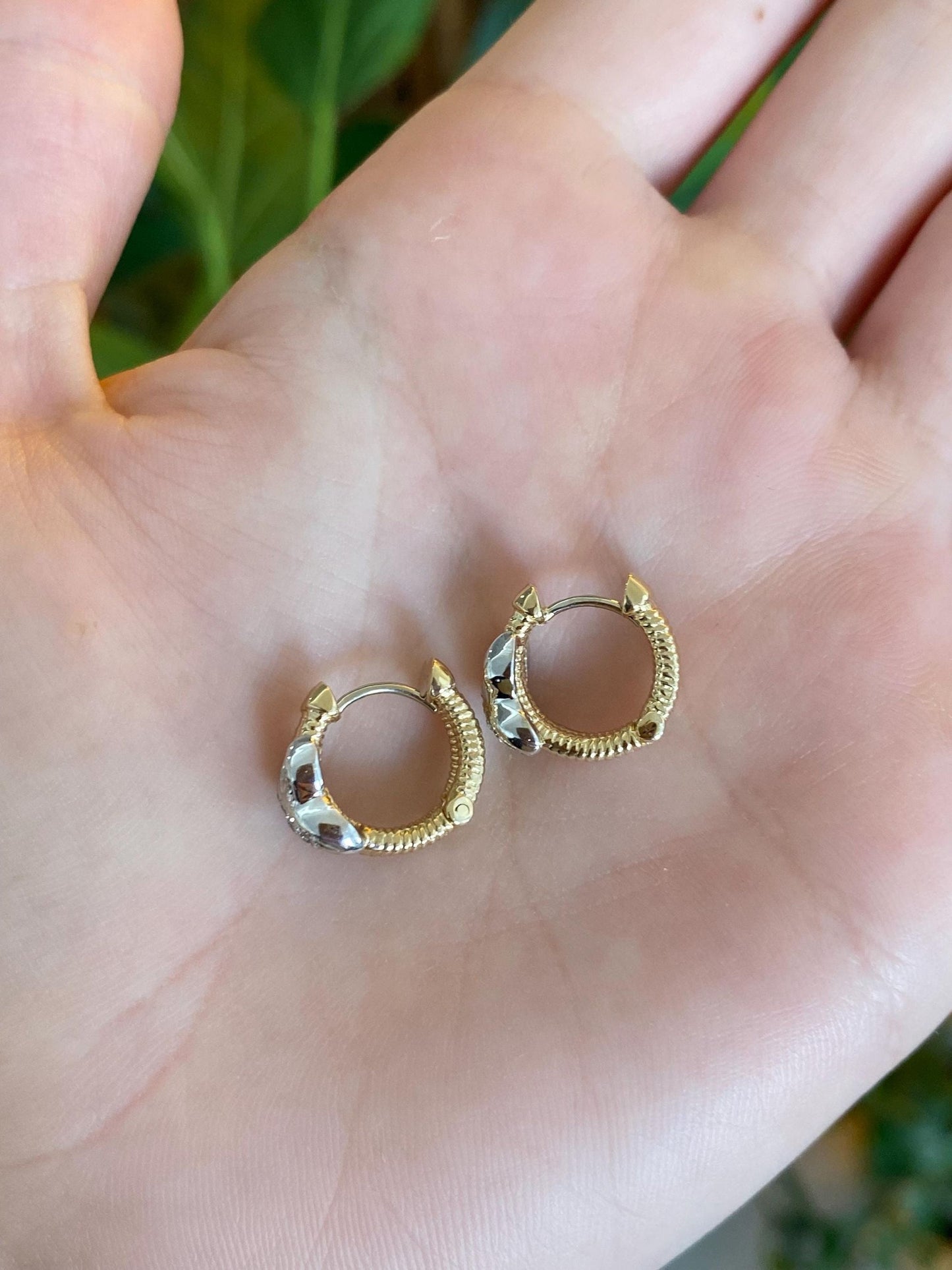 Vintage Solid 14k White & Yellow Gold Diamond X Huggie Hoop Earrings