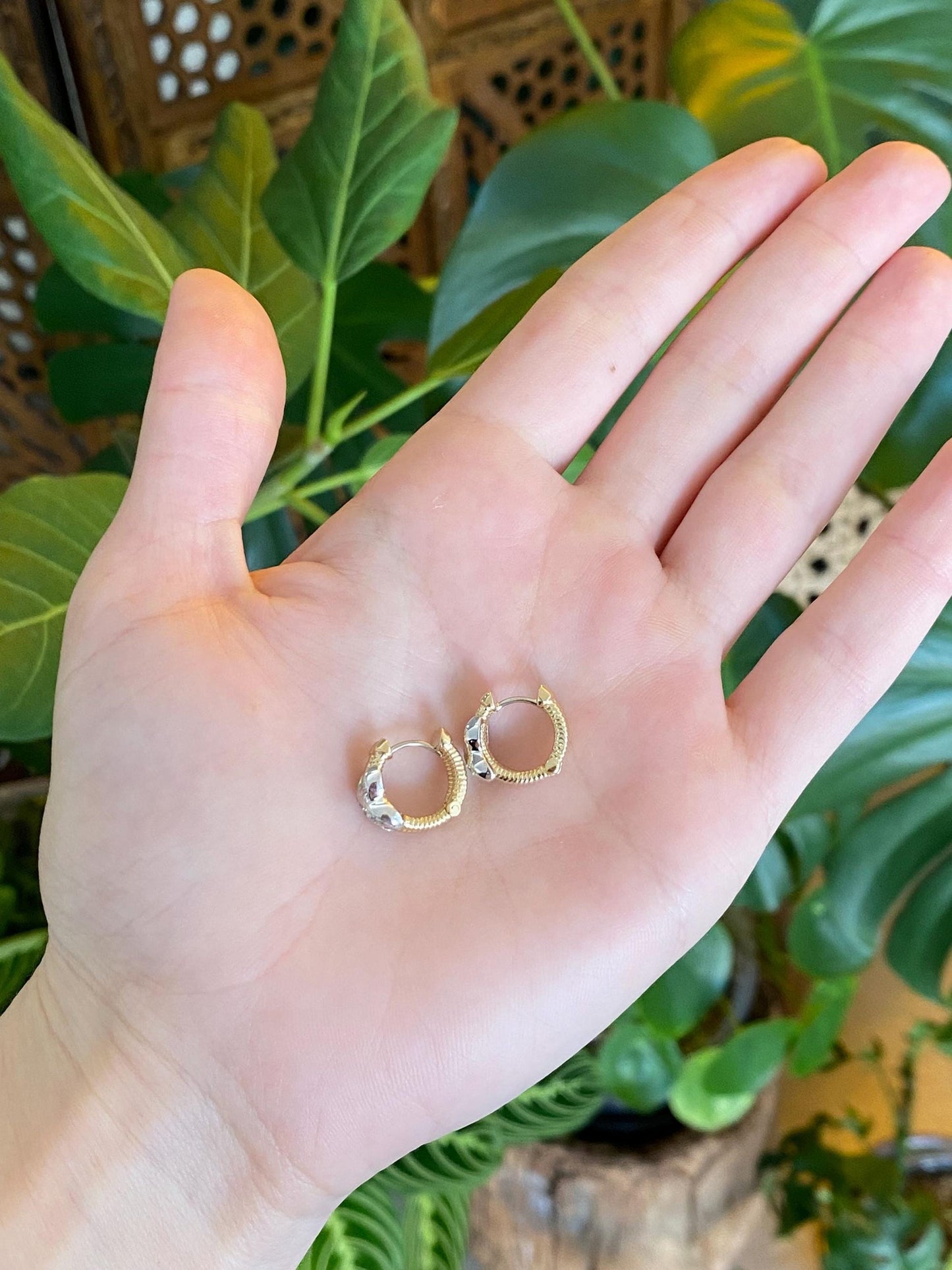 Vintage Solid 14k White & Yellow Gold Diamond X Huggie Hoop Earrings