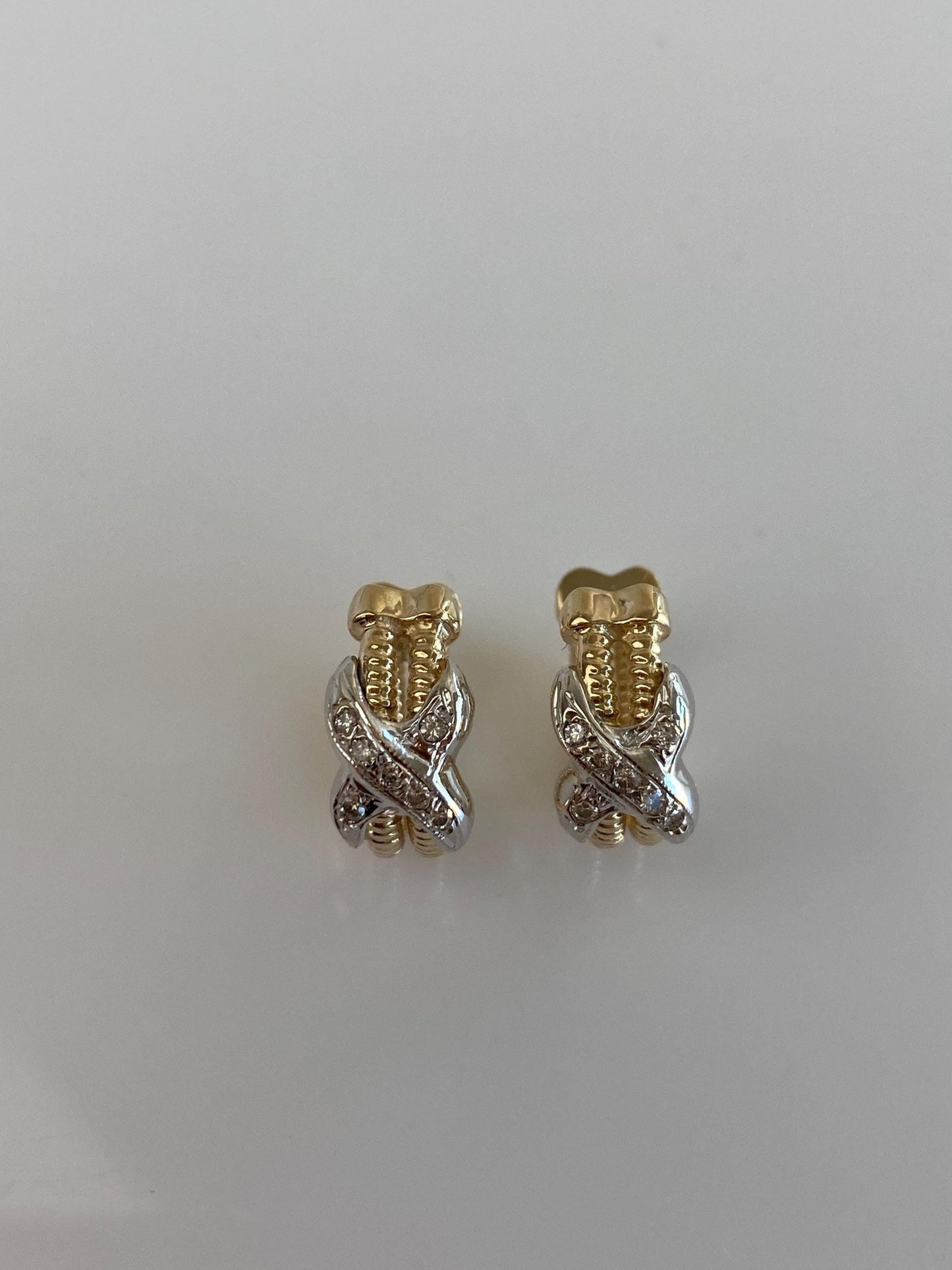Vintage Solid 14k White & Yellow Gold Diamond X Huggie Hoop Earrings