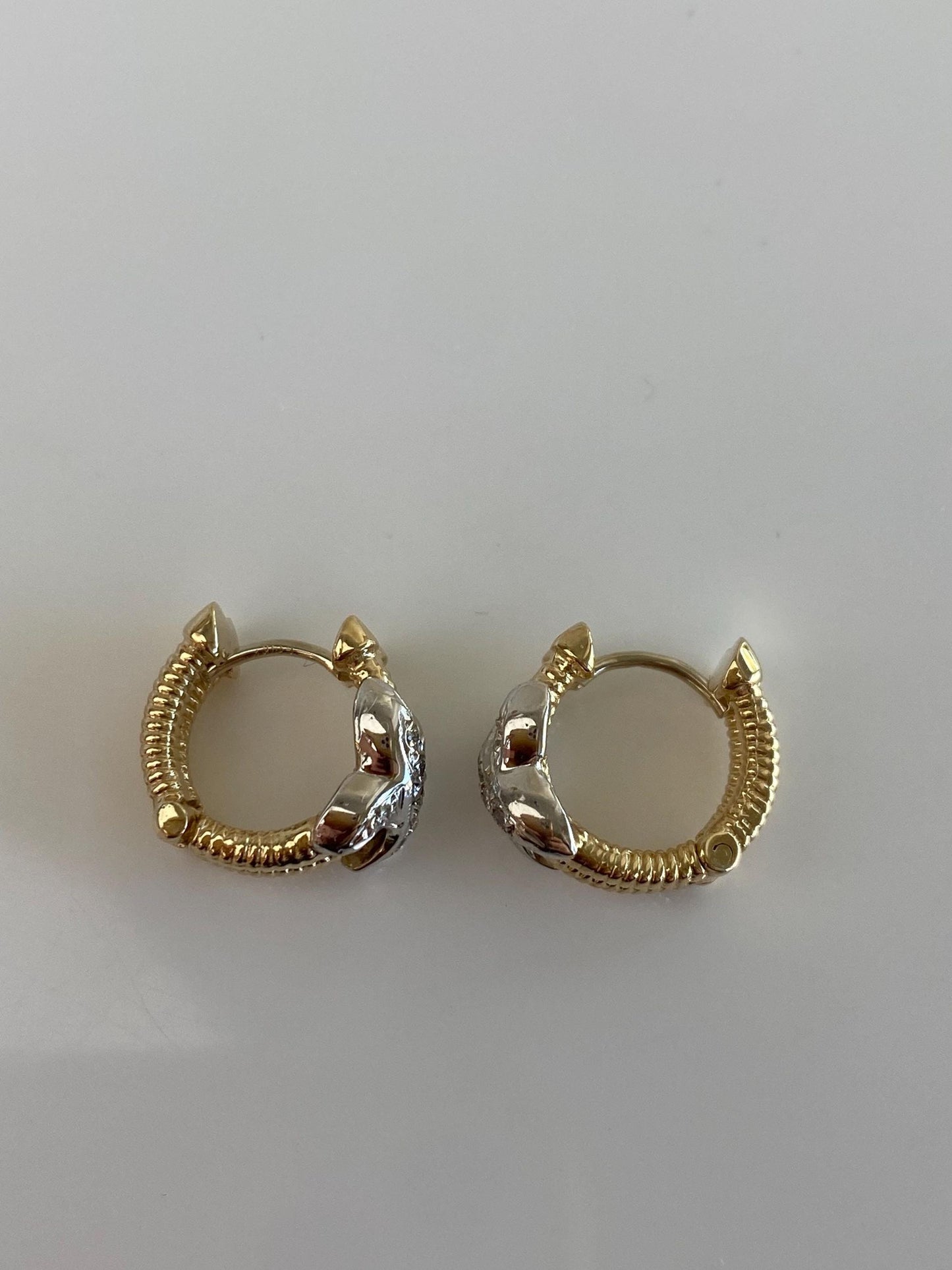 Vintage Solid 14k White & Yellow Gold Diamond X Huggie Hoop Earrings