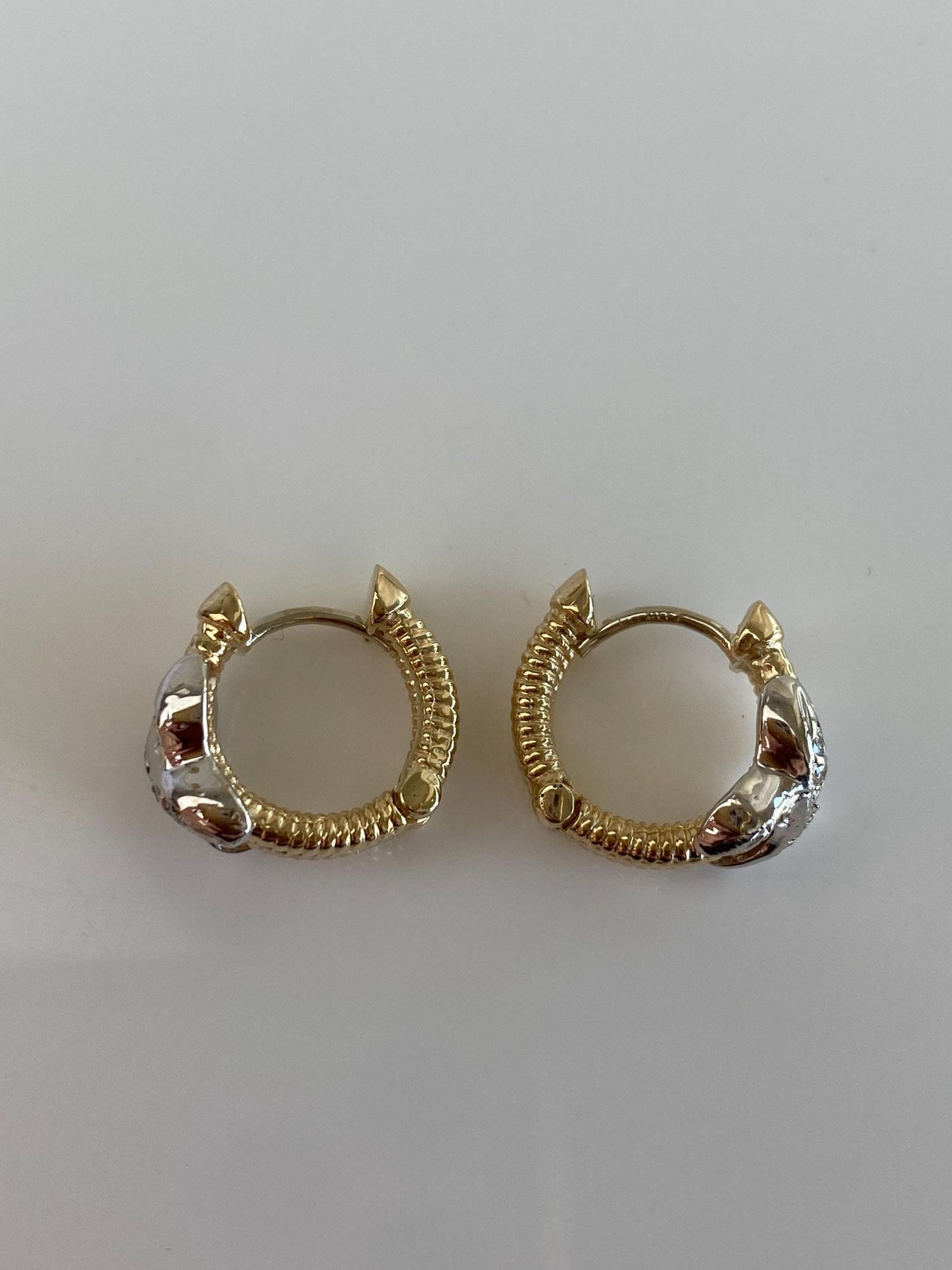 Vintage Solid 14k White & Yellow Gold Diamond X Huggie Hoop Earrings