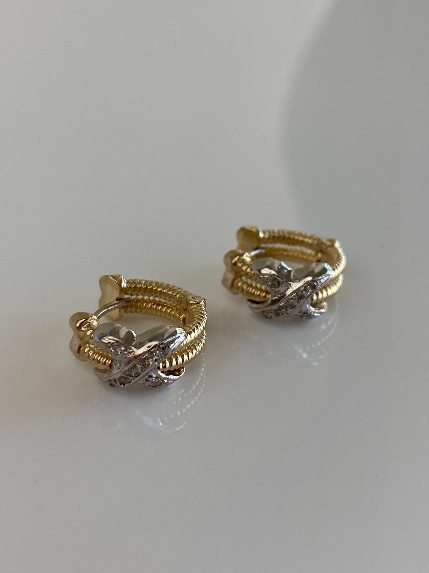 Vintage Solid 14k White & Yellow Gold Diamond X Huggie Hoop Earrings