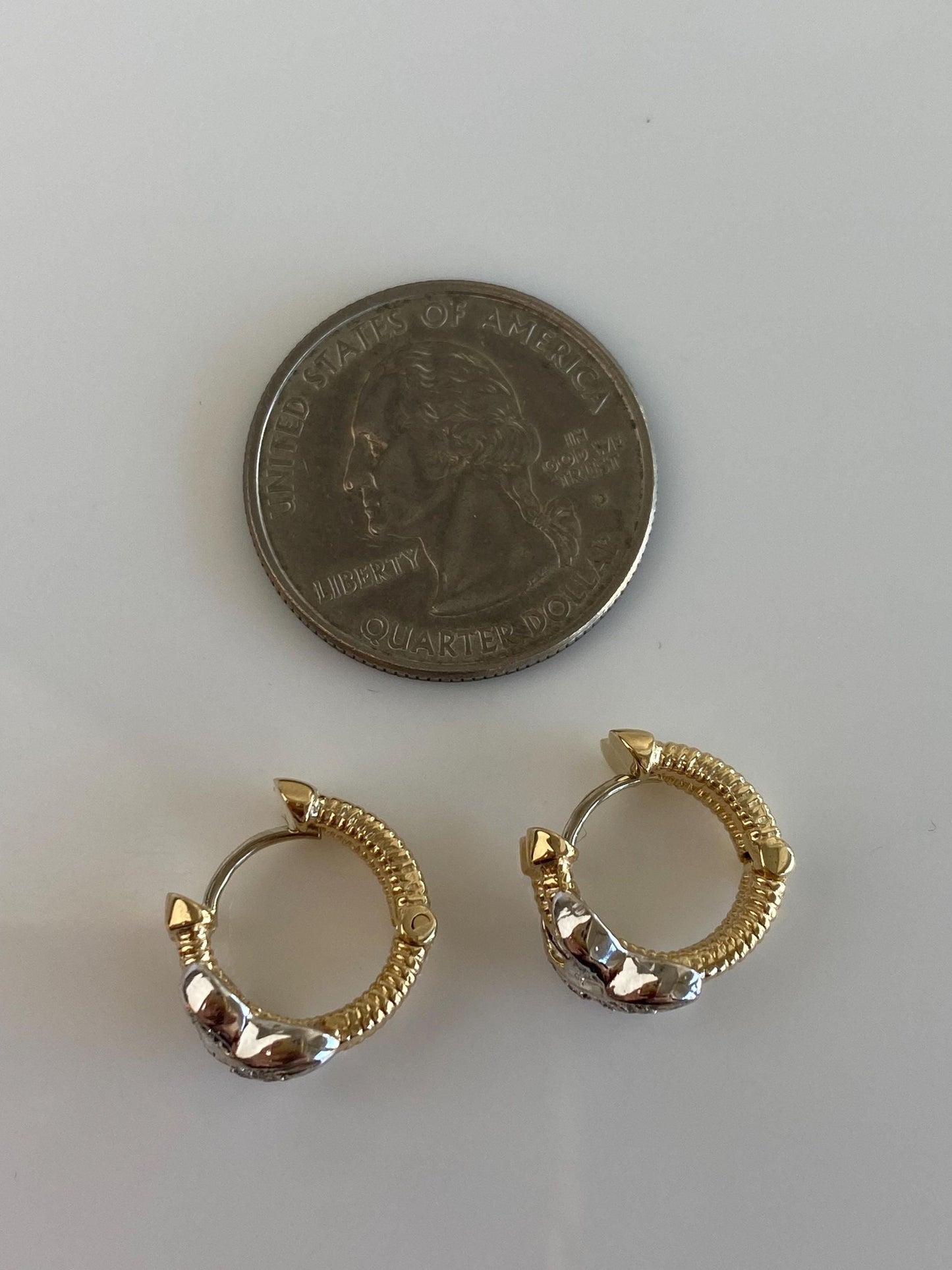 Vintage Solid 14k White & Yellow Gold Diamond X Huggie Hoop Earrings