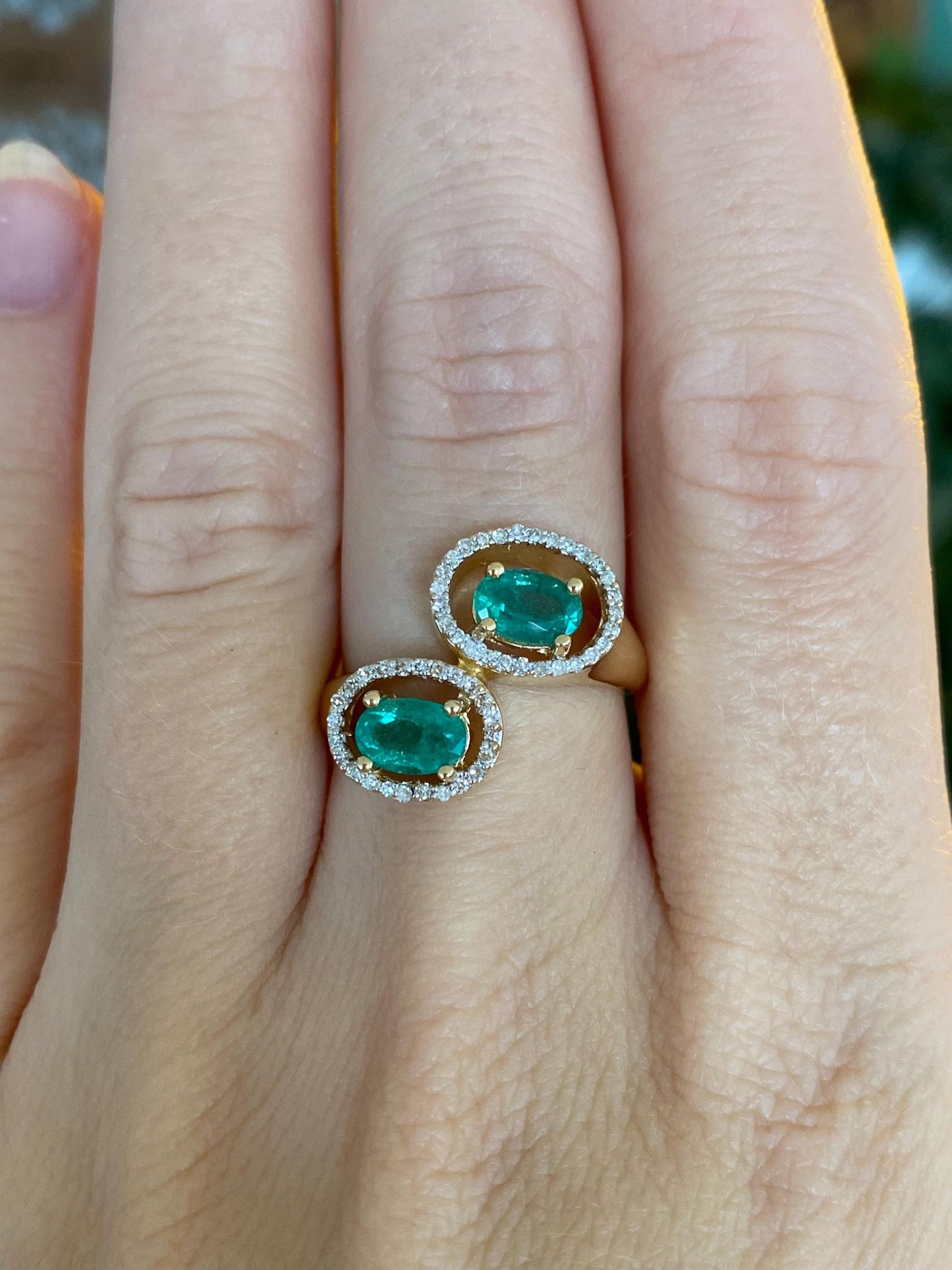 Vintage Solid 18k Yellow Gold Diamond Halos Emeralds Bypass Ring - Size 6.75