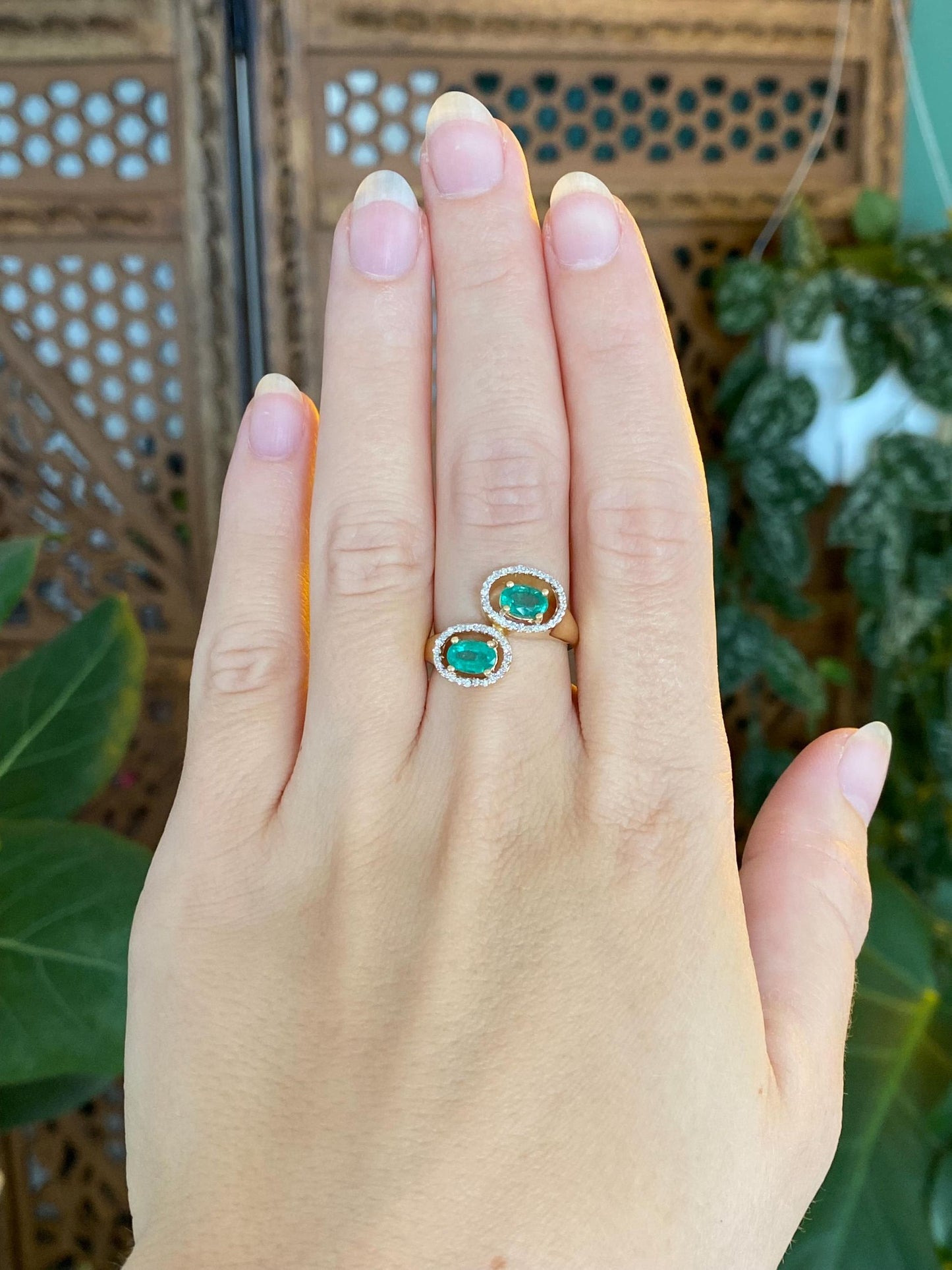 Vintage Solid 18k Yellow Gold Diamond Halos Emeralds Bypass Ring - Size 6.75