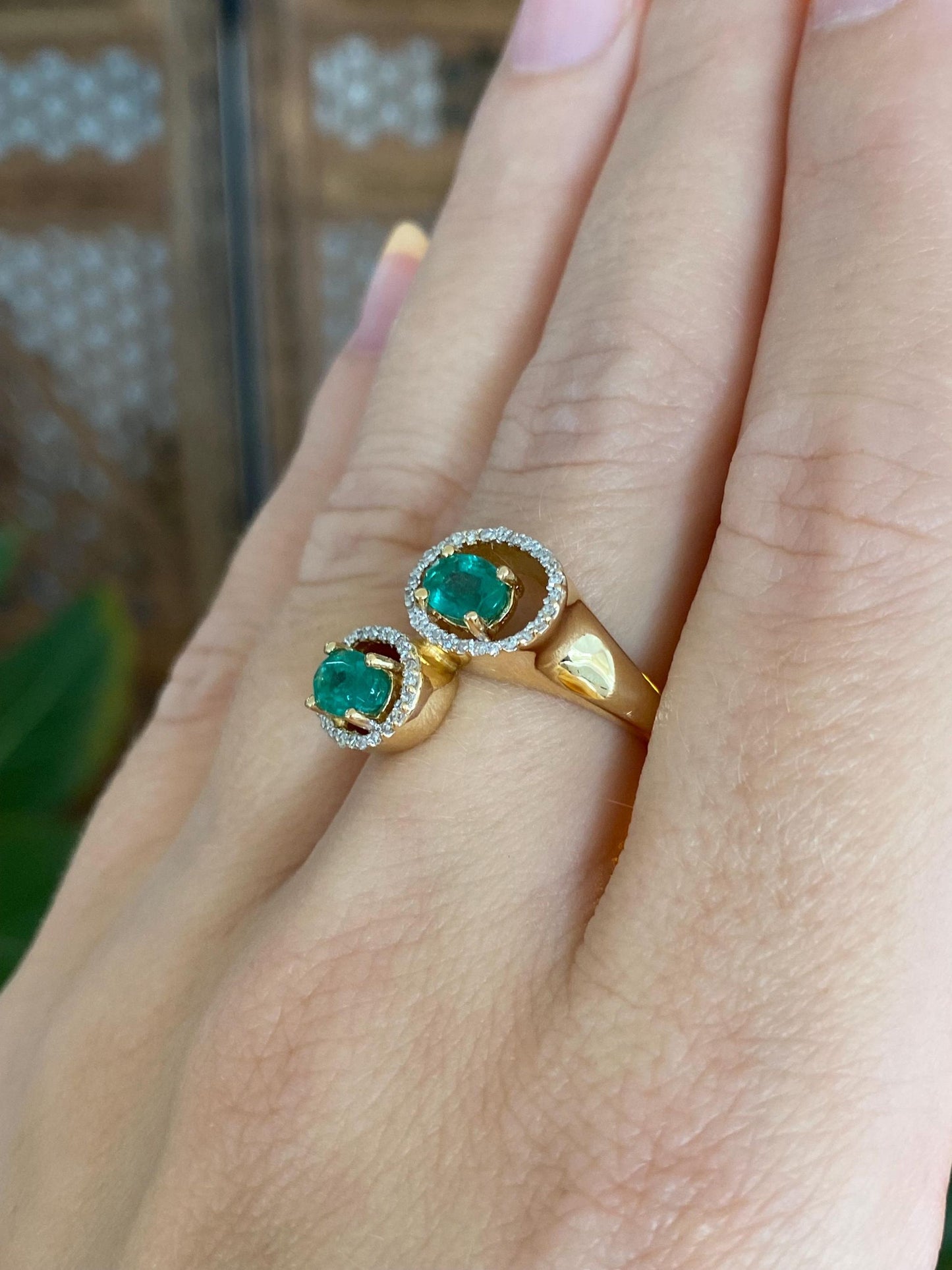 Vintage Solid 18k Yellow Gold Diamond Halos Emeralds Bypass Ring - Size 6.75