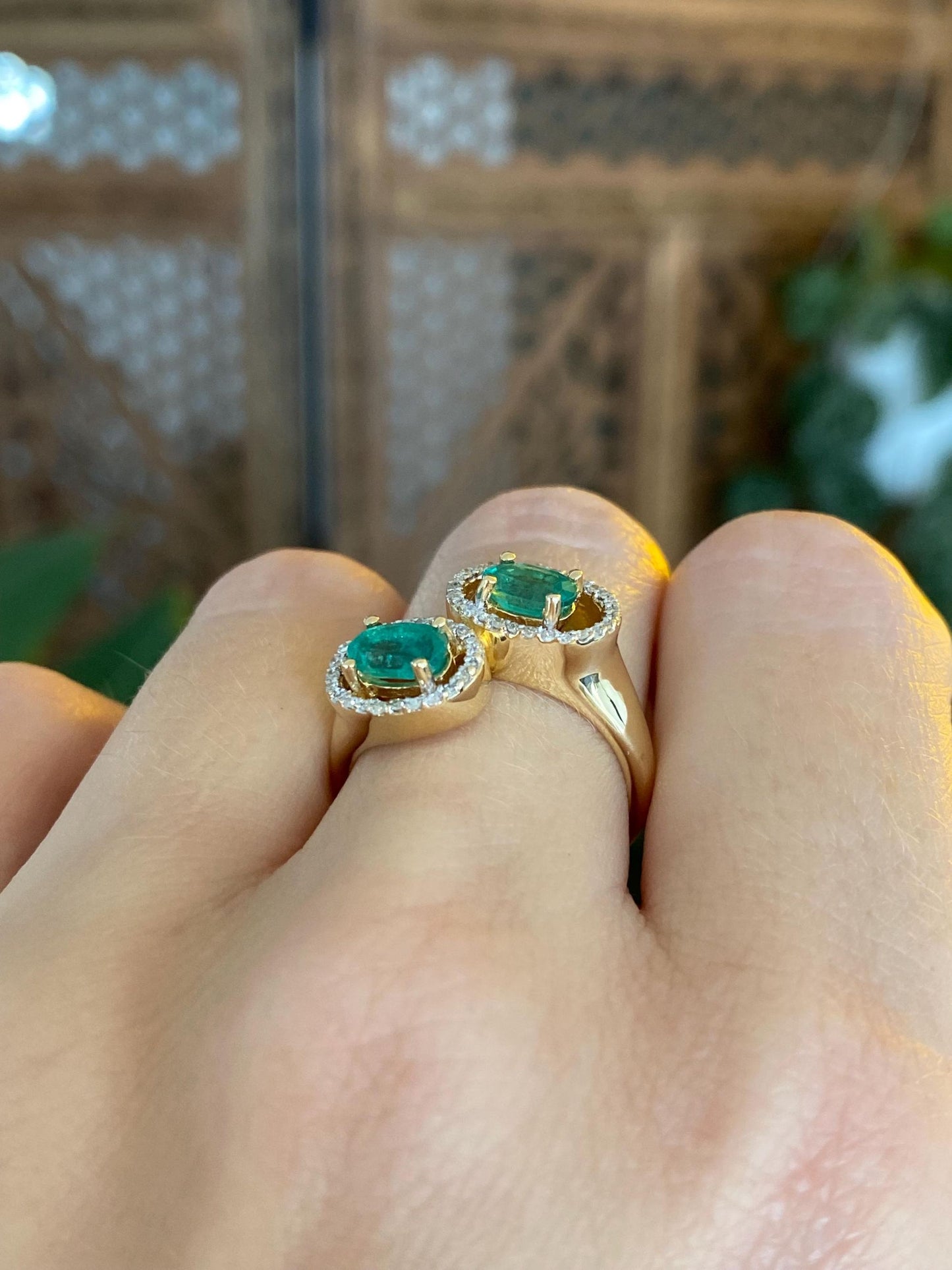 Vintage Solid 18k Yellow Gold Diamond Halos Emeralds Bypass Ring - Size 6.75