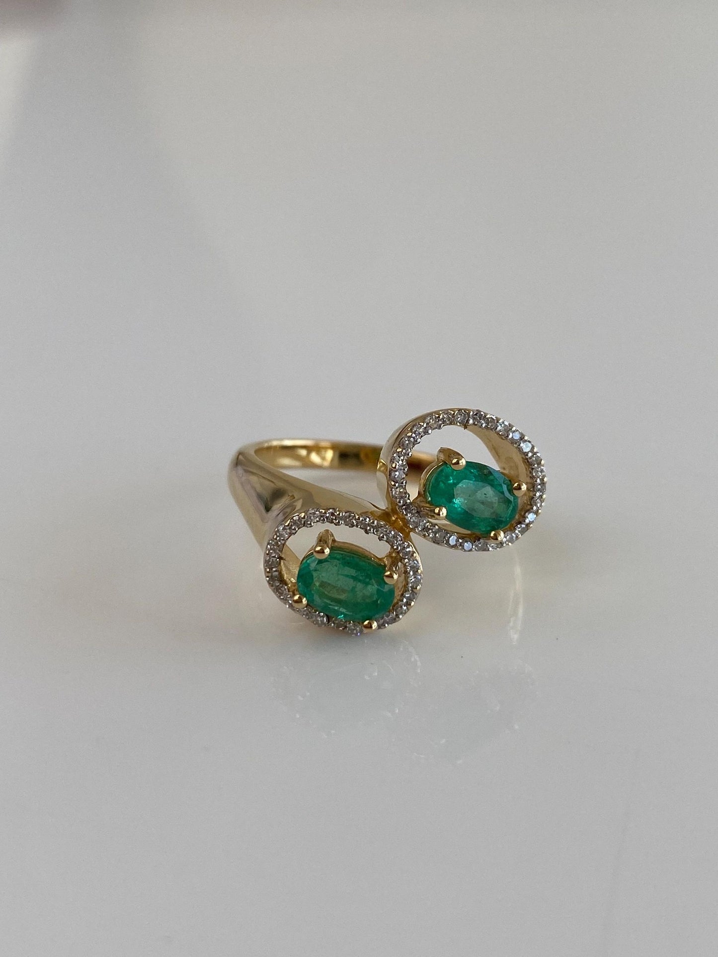 Vintage Solid 18k Yellow Gold Diamond Halos Emeralds Bypass Ring - Size 6.75