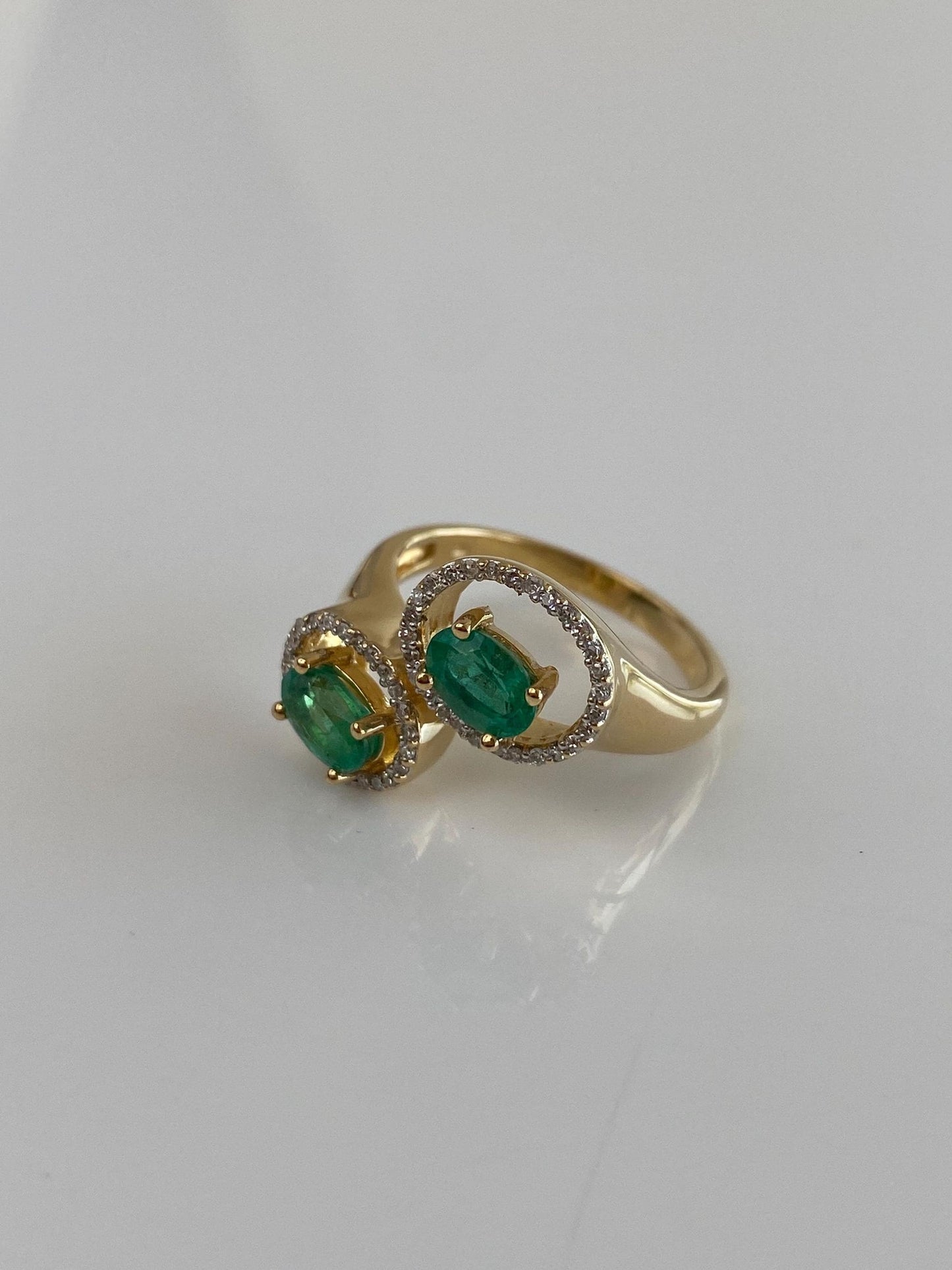 Vintage Solid 18k Yellow Gold Diamond Halos Emeralds Bypass Ring - Size 6.75