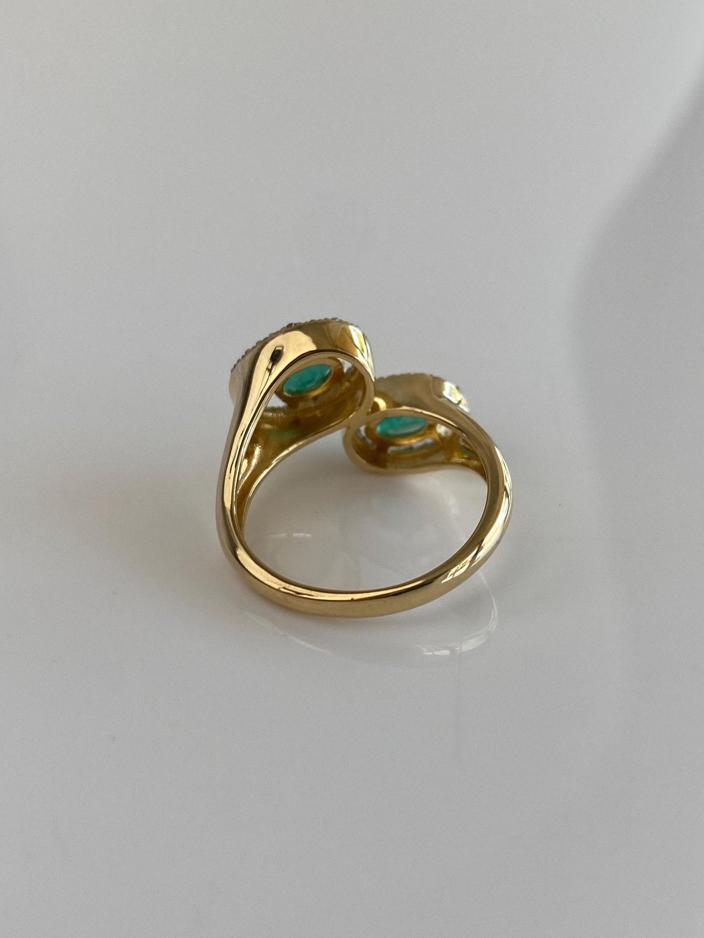 Vintage Solid 18k Yellow Gold Diamond Halos Emeralds Bypass Ring - Size 6.75