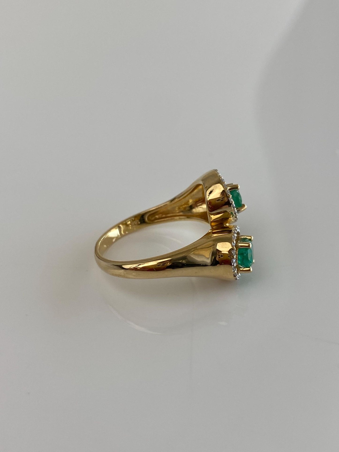 Vintage Solid 18k Yellow Gold Diamond Halos Emeralds Bypass Ring - Size 6.75