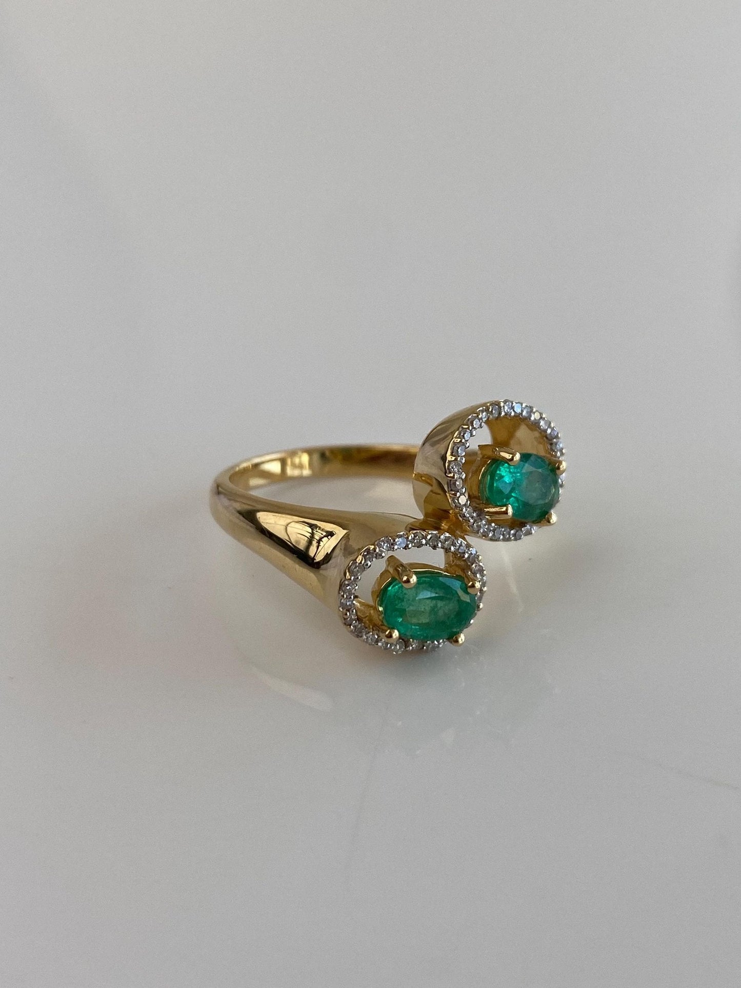 Vintage Solid 18k Yellow Gold Diamond Halos Emeralds Bypass Ring - Size 6.75