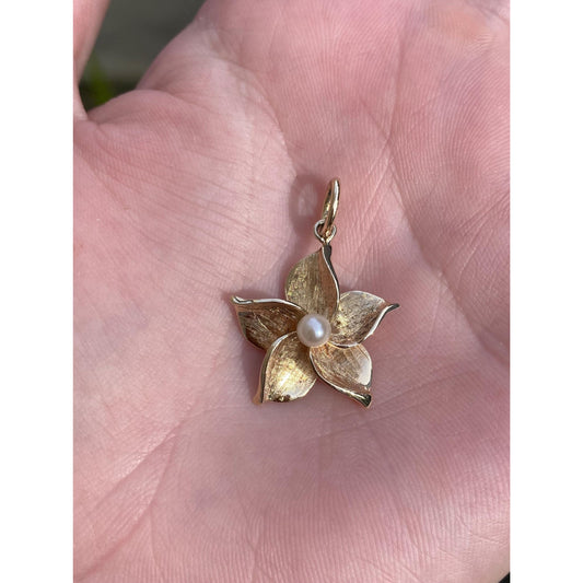 Solid 14k Yellow Gold Pearl Flower Charm