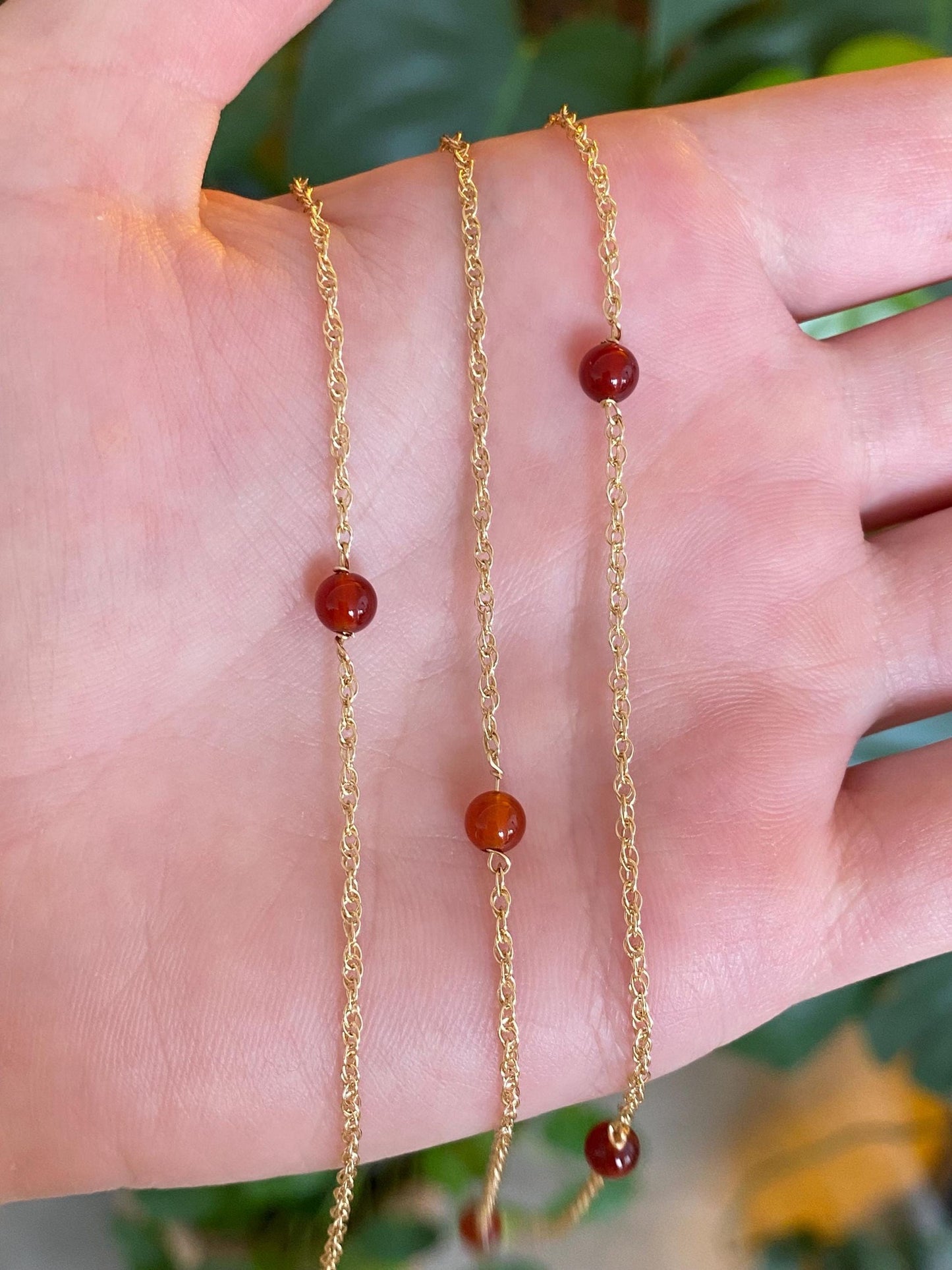 Vintage Solid 14k Yellow Gold Carnelian Bead Chain Necklace - 31.5 inches