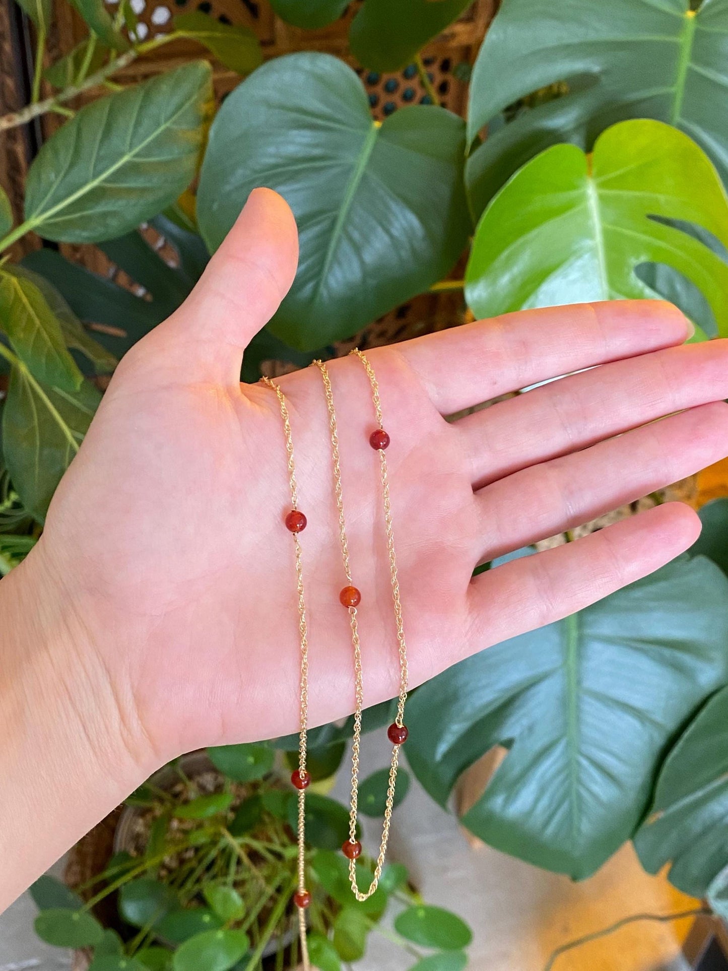 Vintage Solid 14k Yellow Gold Carnelian Bead Chain Necklace - 31.5 inches