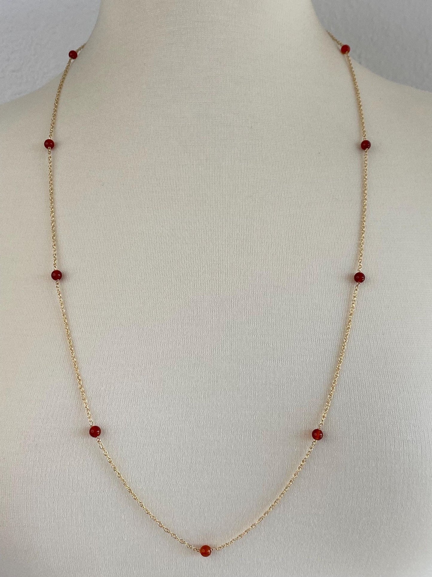 Vintage Solid 14k Yellow Gold Carnelian Bead Chain Necklace - 31.5 inches