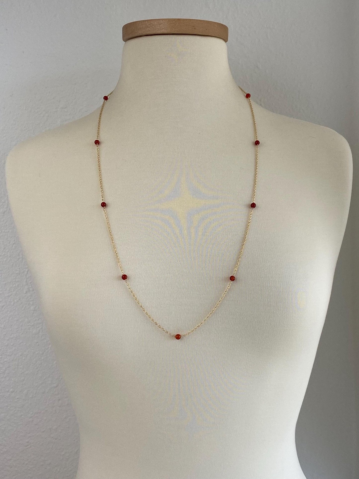 Vintage Solid 14k Yellow Gold Carnelian Bead Chain Necklace - 31.5 inches