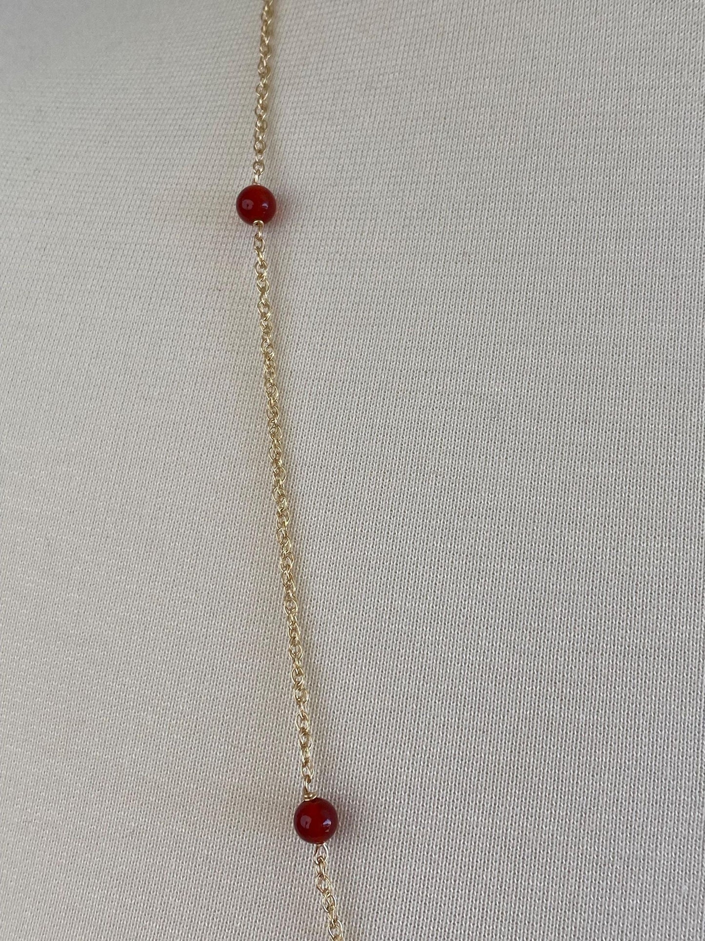 Vintage Solid 14k Yellow Gold Carnelian Bead Chain Necklace - 31.5 inches