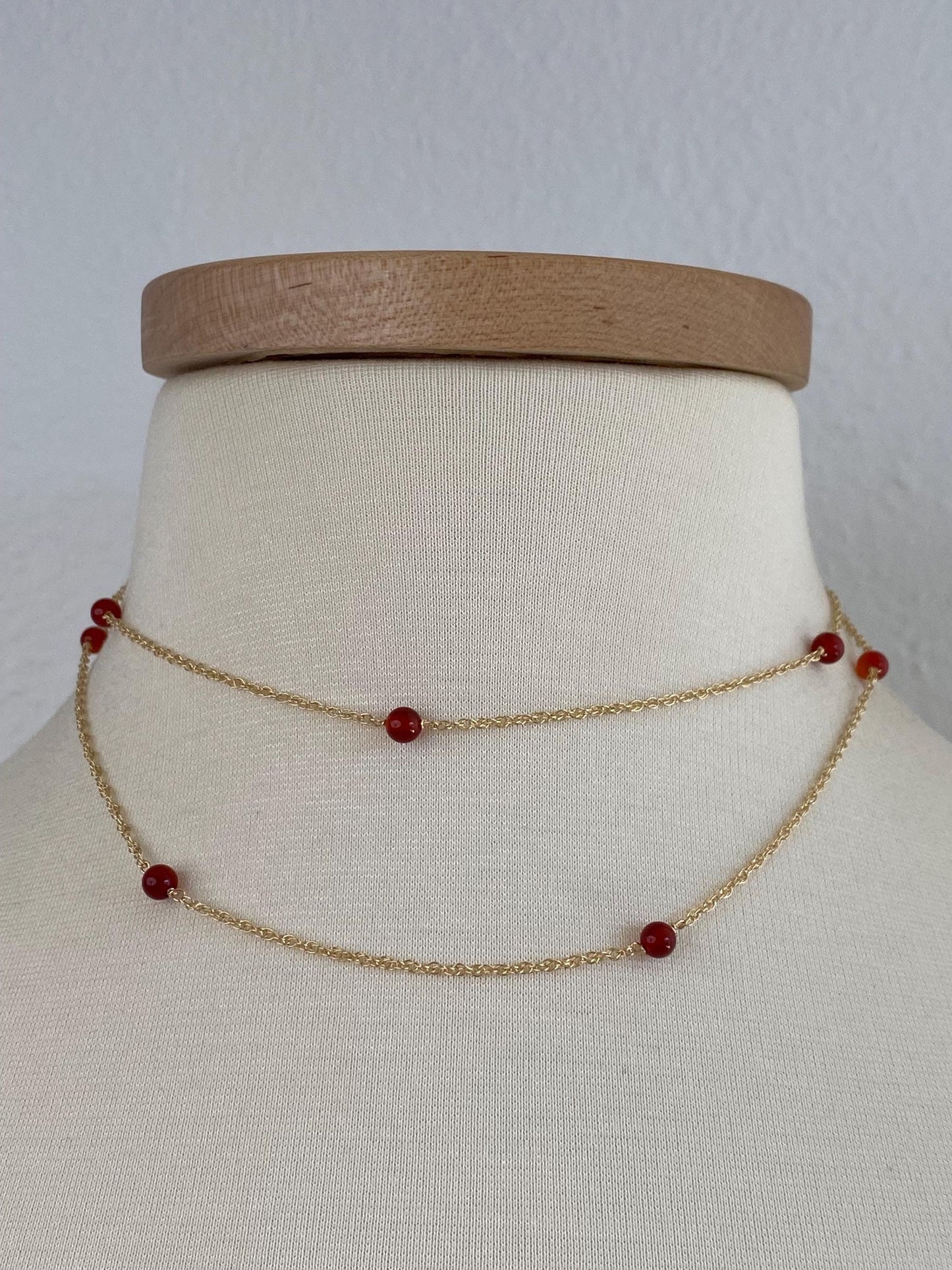 Vintage Solid 14k Yellow Gold Carnelian Bead Chain Necklace - 31.5 inches