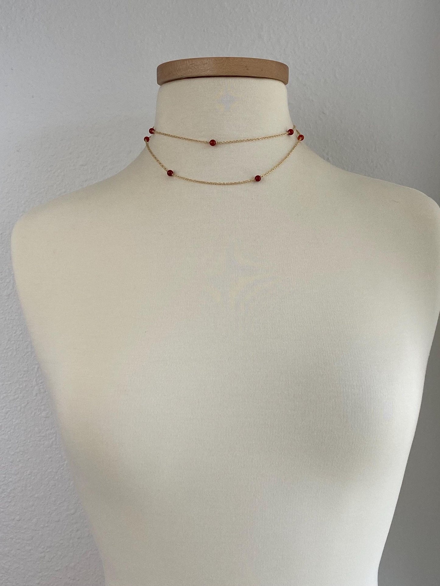 Vintage Solid 14k Yellow Gold Carnelian Bead Chain Necklace - 31.5 inches