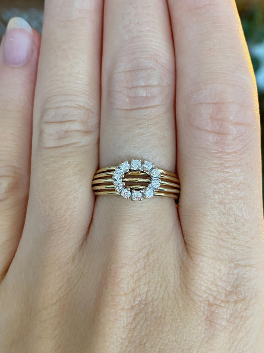 Vintage Solid 14k White & Yellow Gold Clear Sapphire Halo Open Work Ring - Size 6.75
