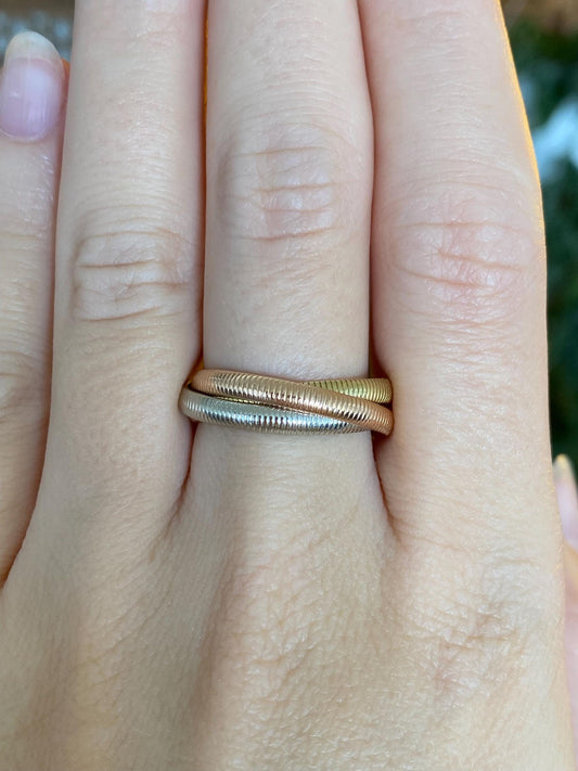 Vintage Solid 18k Tri Tone Gold Textured Rolling Ring Band - Size 7.75