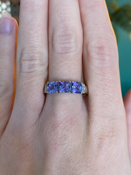 Vintage Solid 10k White Gold Diamond Tanzanite Ring - Size 9