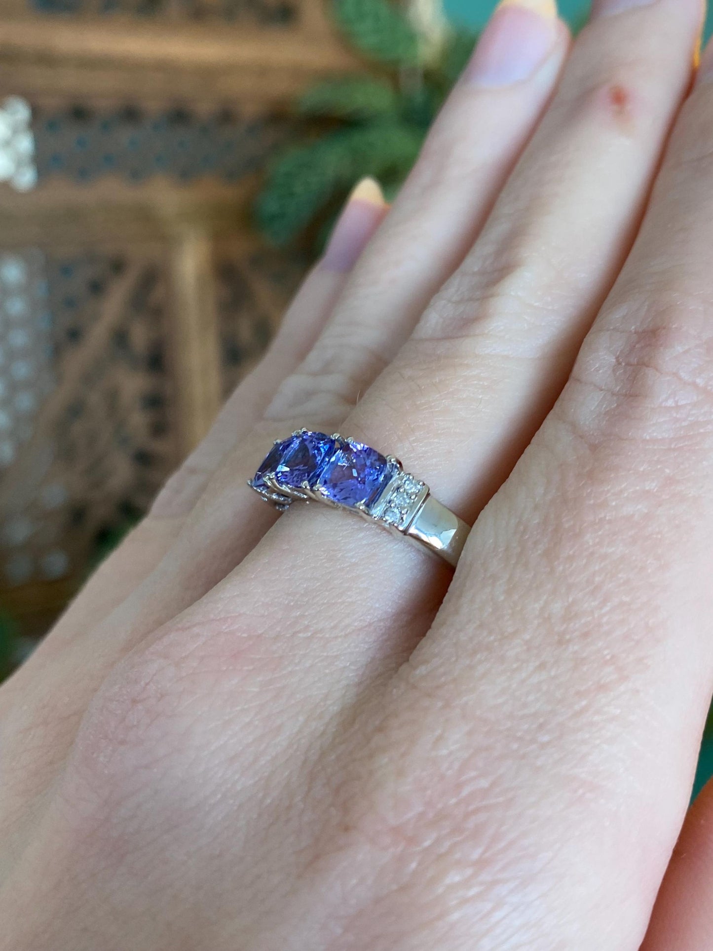 Vintage Solid 10k White Gold Diamond Tanzanite Ring - Size 9