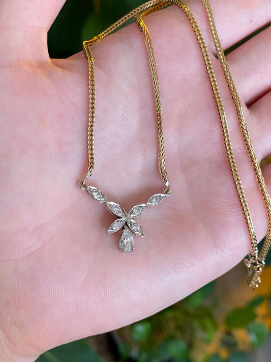 Vintage Solid 10k White & Yellow Gold Diamonds Square Wheat Chain Necklace - 16.25 inches