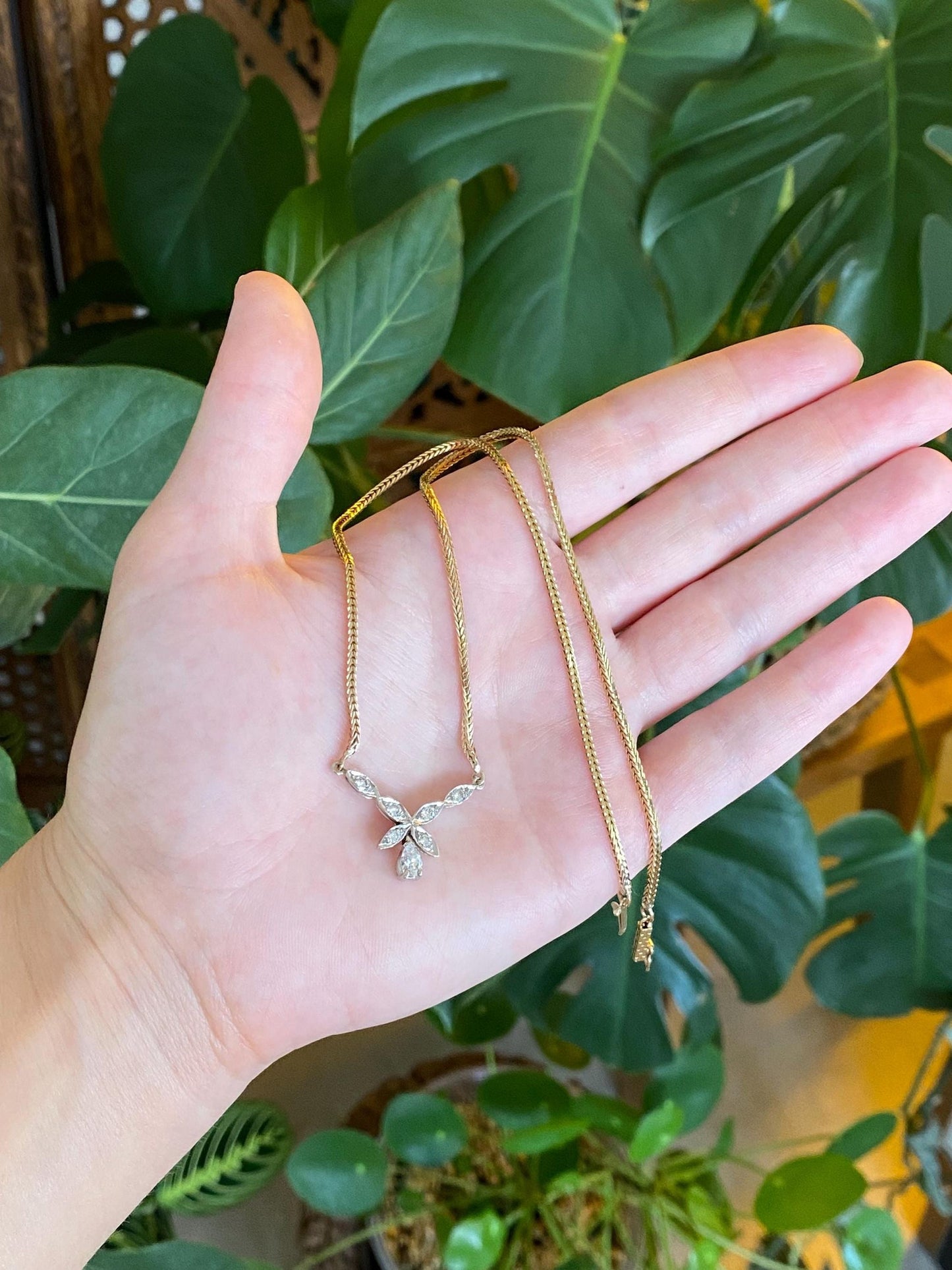 Vintage Solid 10k White & Yellow Gold Diamonds Square Wheat Chain Necklace - 16.25 inches