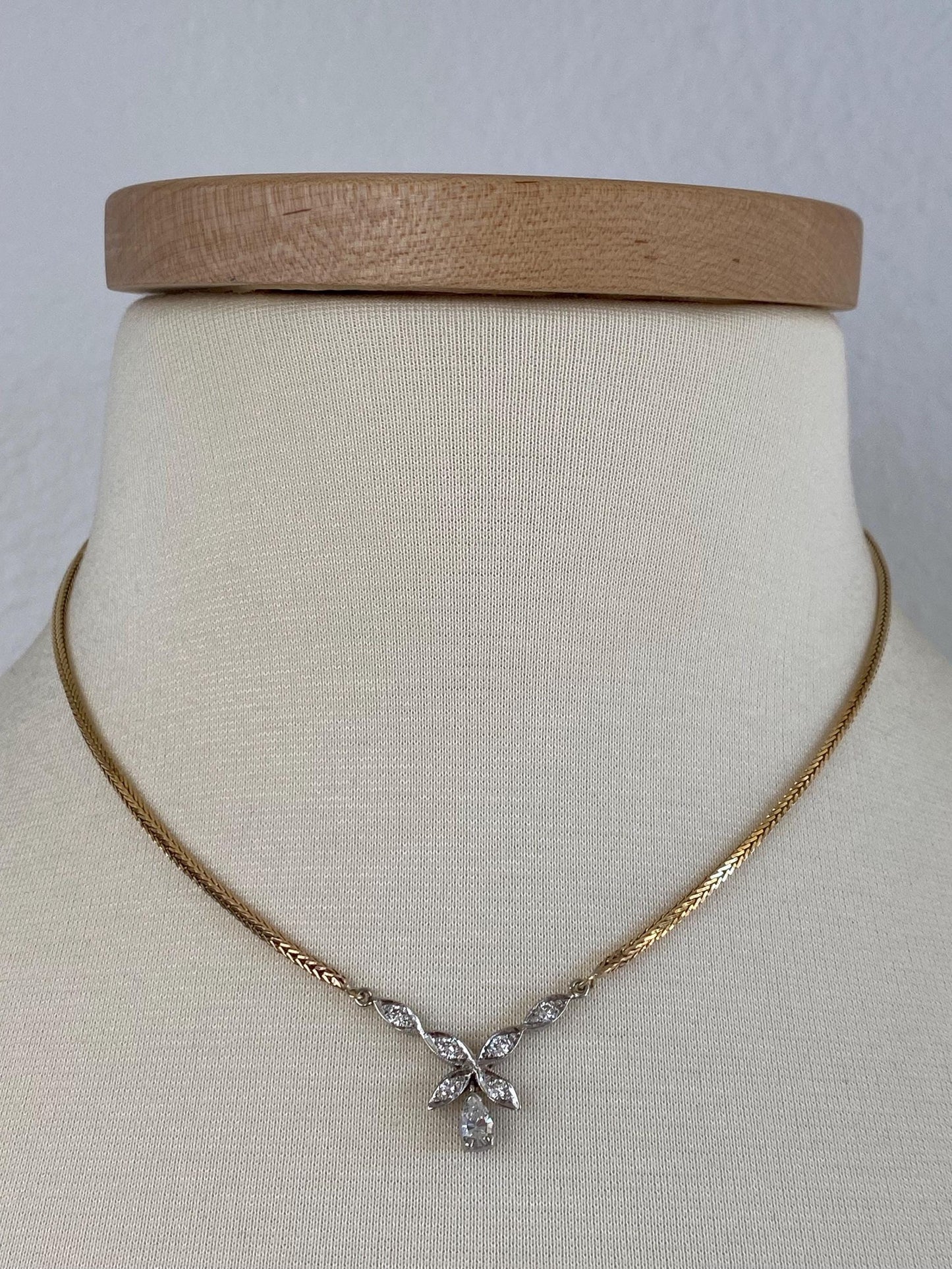 Vintage Solid 10k White & Yellow Gold Diamonds Square Wheat Chain Necklace - 16.25 inches