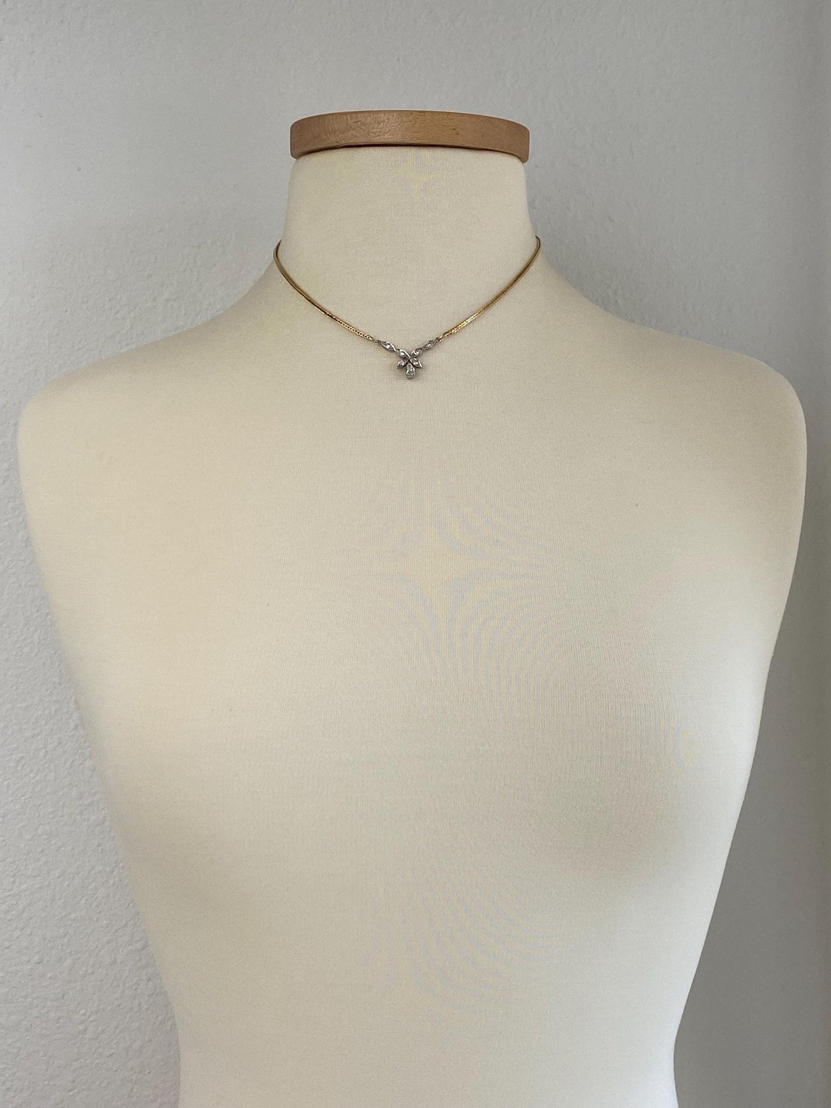 Vintage Solid 10k White & Yellow Gold Diamonds Square Wheat Chain Necklace - 16.25 inches