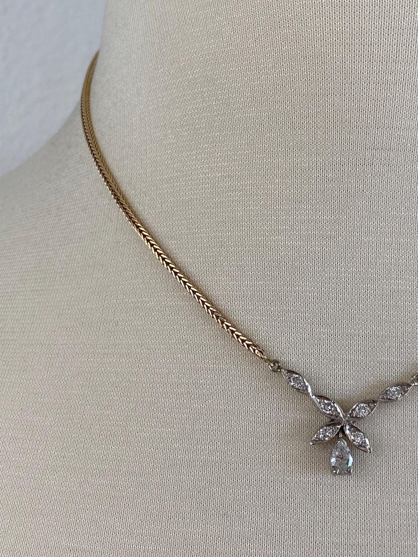Vintage Solid 10k White & Yellow Gold Diamonds Square Wheat Chain Necklace - 16.25 inches