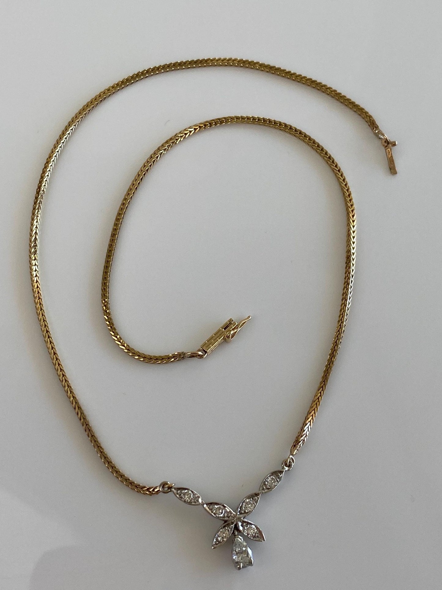Vintage Solid 10k White & Yellow Gold Diamonds Square Wheat Chain Necklace - 16.25 inches