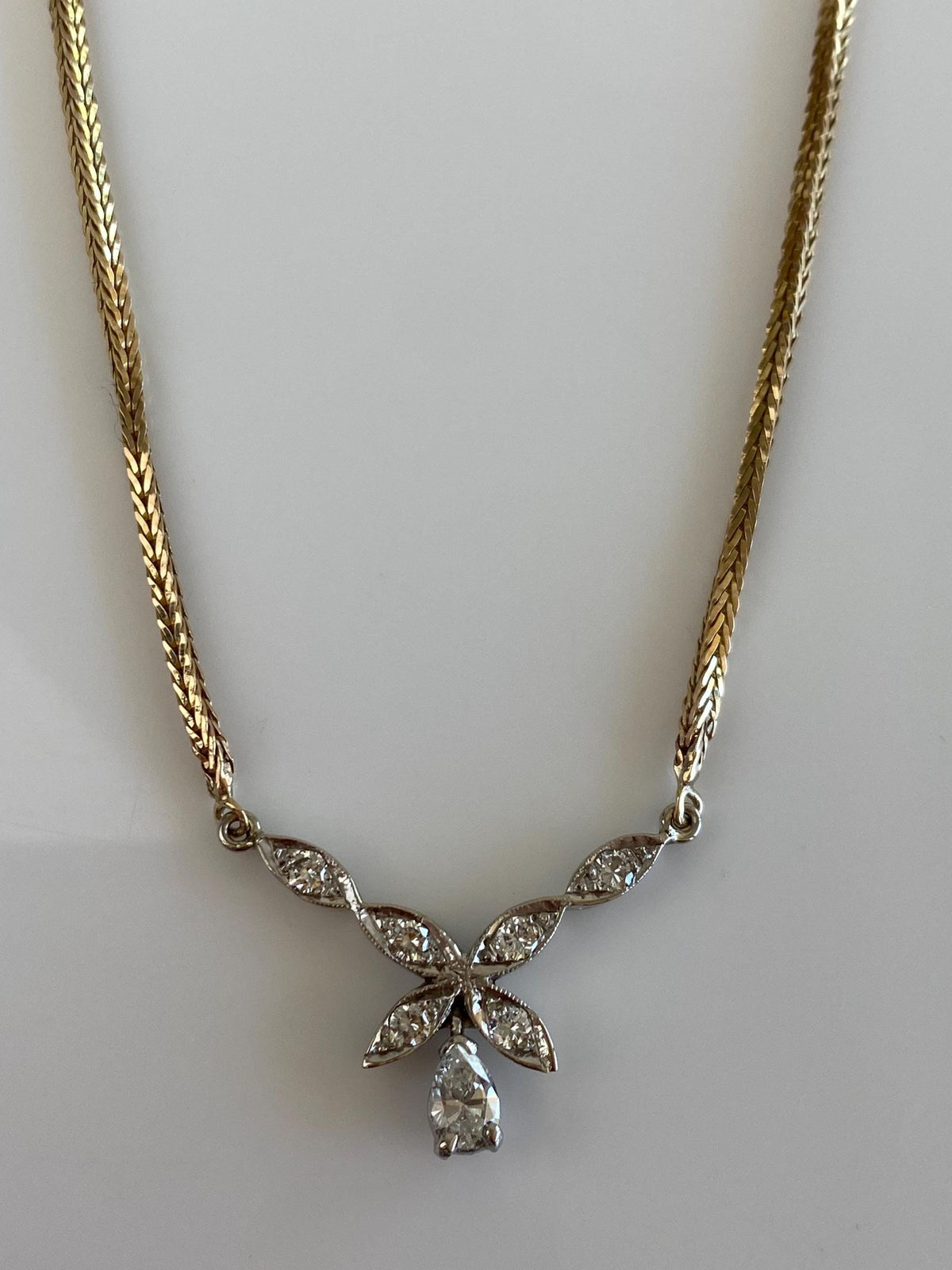 Vintage Solid 10k White & Yellow Gold Diamonds Square Wheat Chain Necklace - 16.25 inches