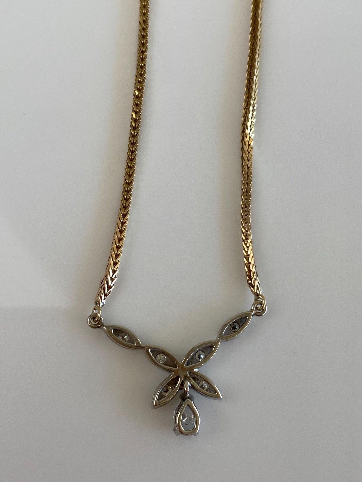 Vintage Solid 10k White & Yellow Gold Diamonds Square Wheat Chain Necklace - 16.25 inches