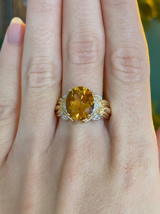 Vintage Solid 10k White & Yellow Gold Citrine Ring - Size 9.75