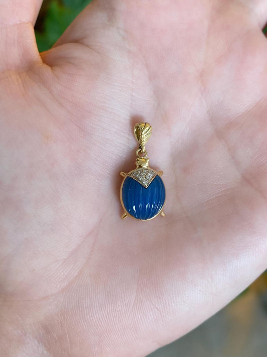 Vintage Solid 18k White Gold Diamond Blue Chalcedony Lady Bug Charm
