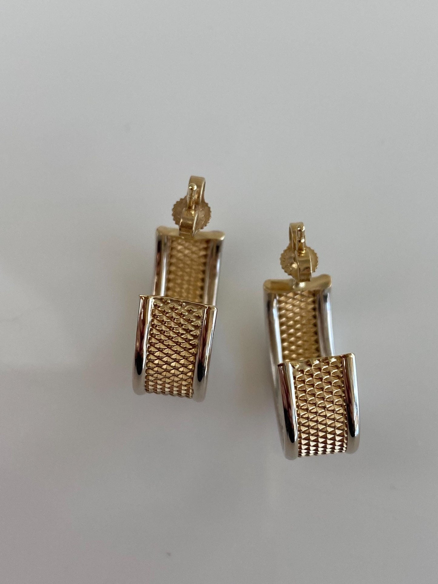 Vintage 14k White & Yellow Gold Textured Drop Hoop Earrings