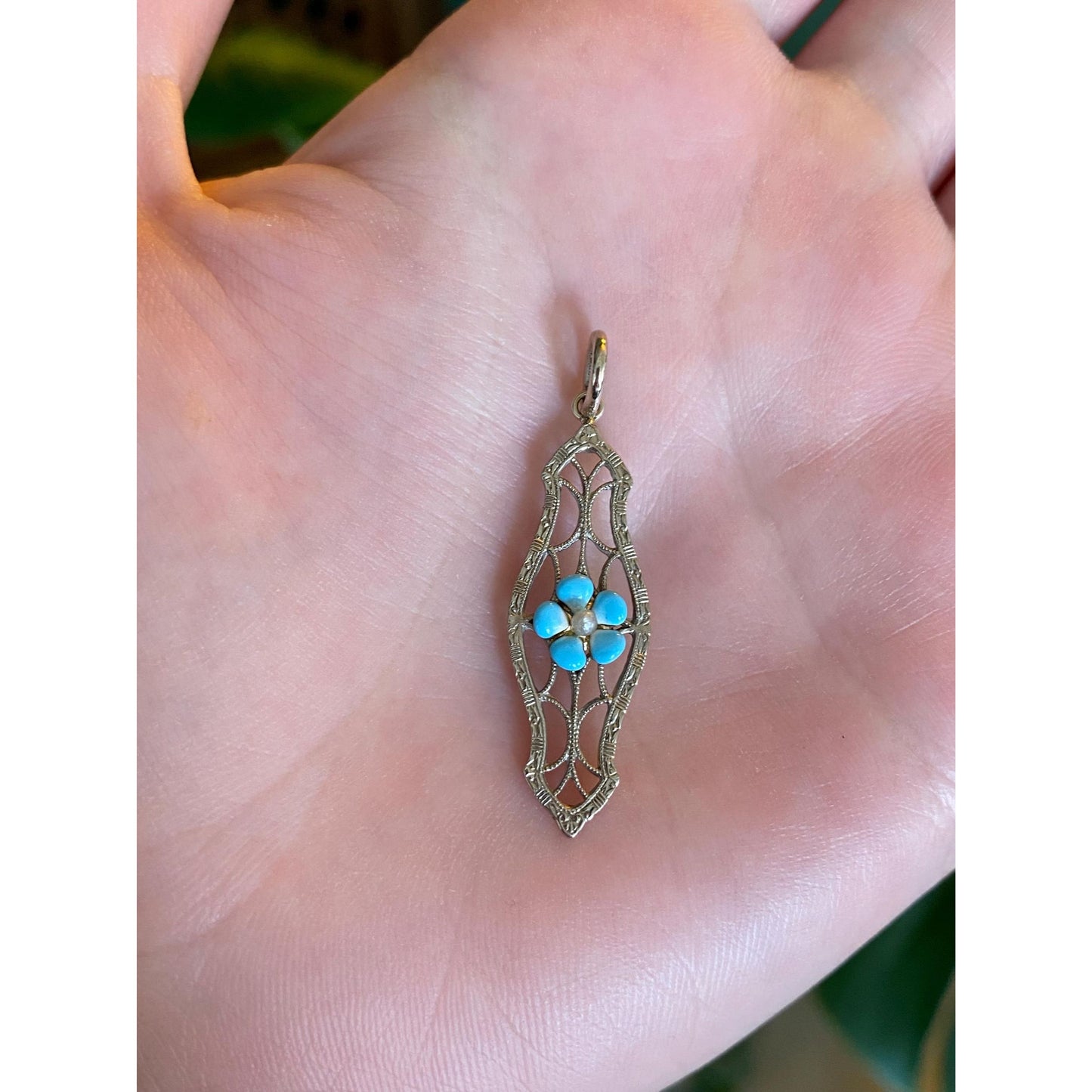 Vintage Solid 10k White Gold Blue Enamel Flower Bar Pin Conversion Charm