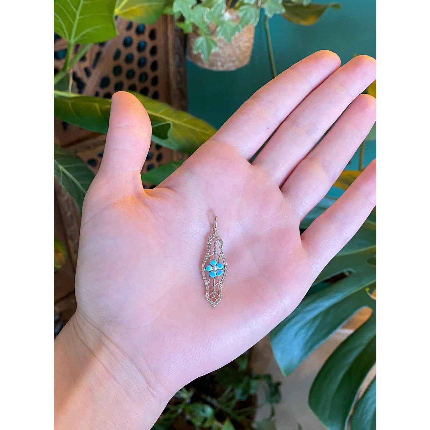 Vintage Solid 10k White Gold Blue Enamel Flower Bar Pin Conversion Charm