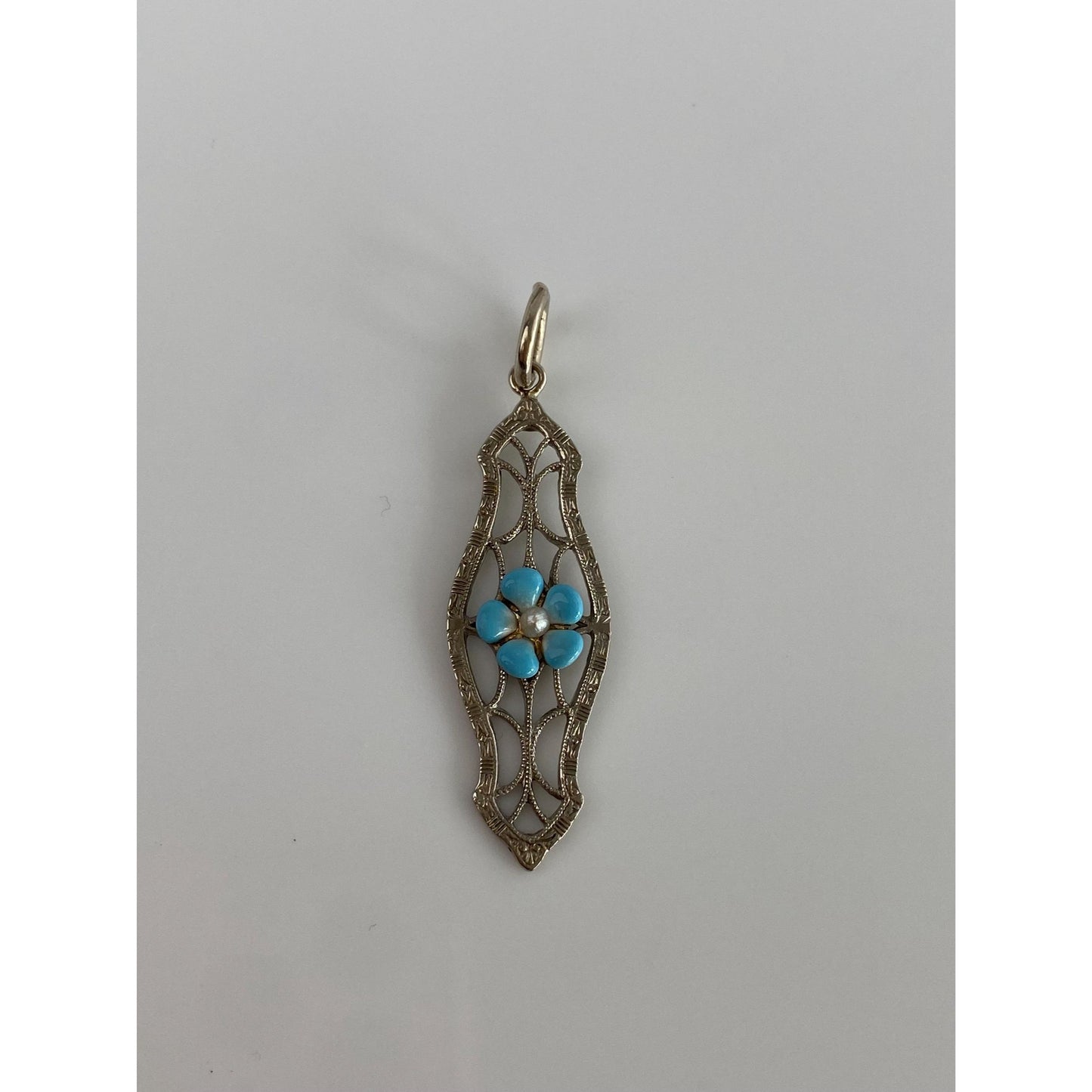 Vintage Solid 10k White Gold Blue Enamel Flower Bar Pin Conversion Charm