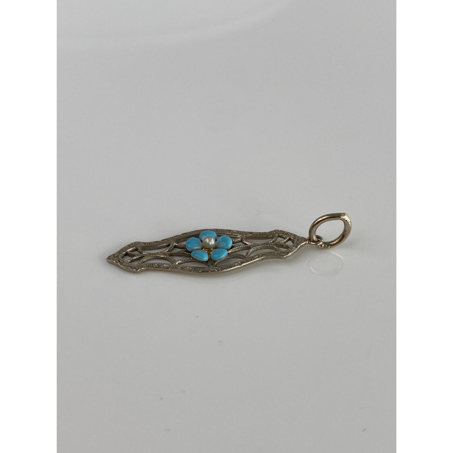 Vintage Solid 10k White Gold Blue Enamel Flower Bar Pin Conversion Charm