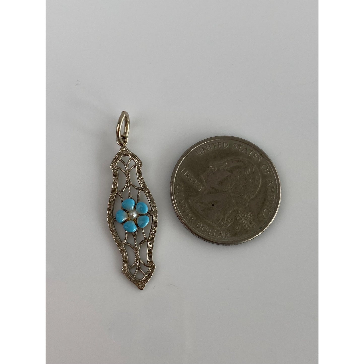 Vintage Solid 10k White Gold Blue Enamel Flower Bar Pin Conversion Charm